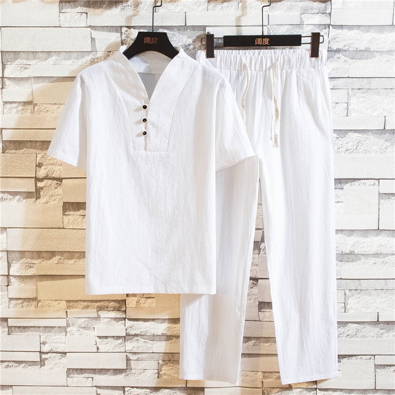 Men's 2 Piece Linen Outfit Set Summer Shirt Pants