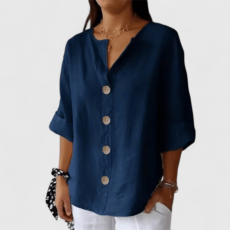 Women Cotton Linen V-Neck Button Front Blouse Summer - Image 3