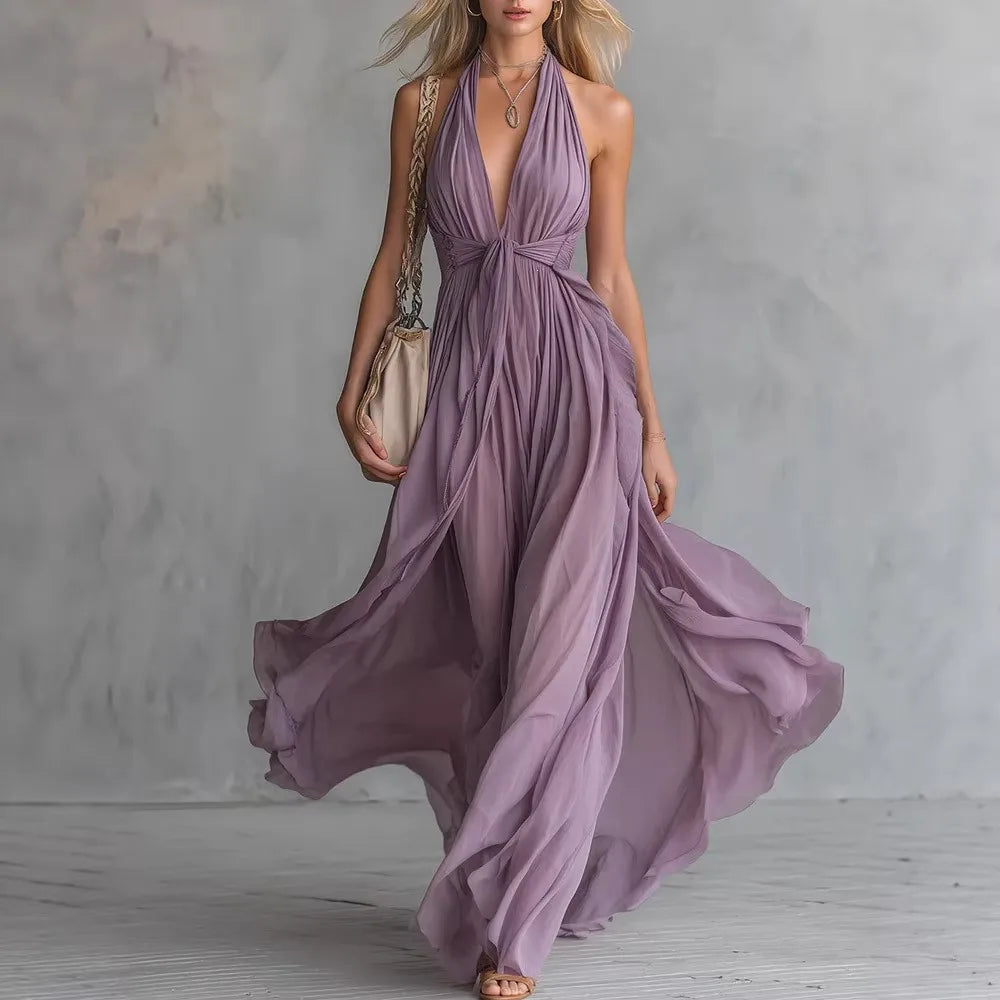 Women Halter Neck Deep V-Neck Flowy Maxi Dress Ruched Waist