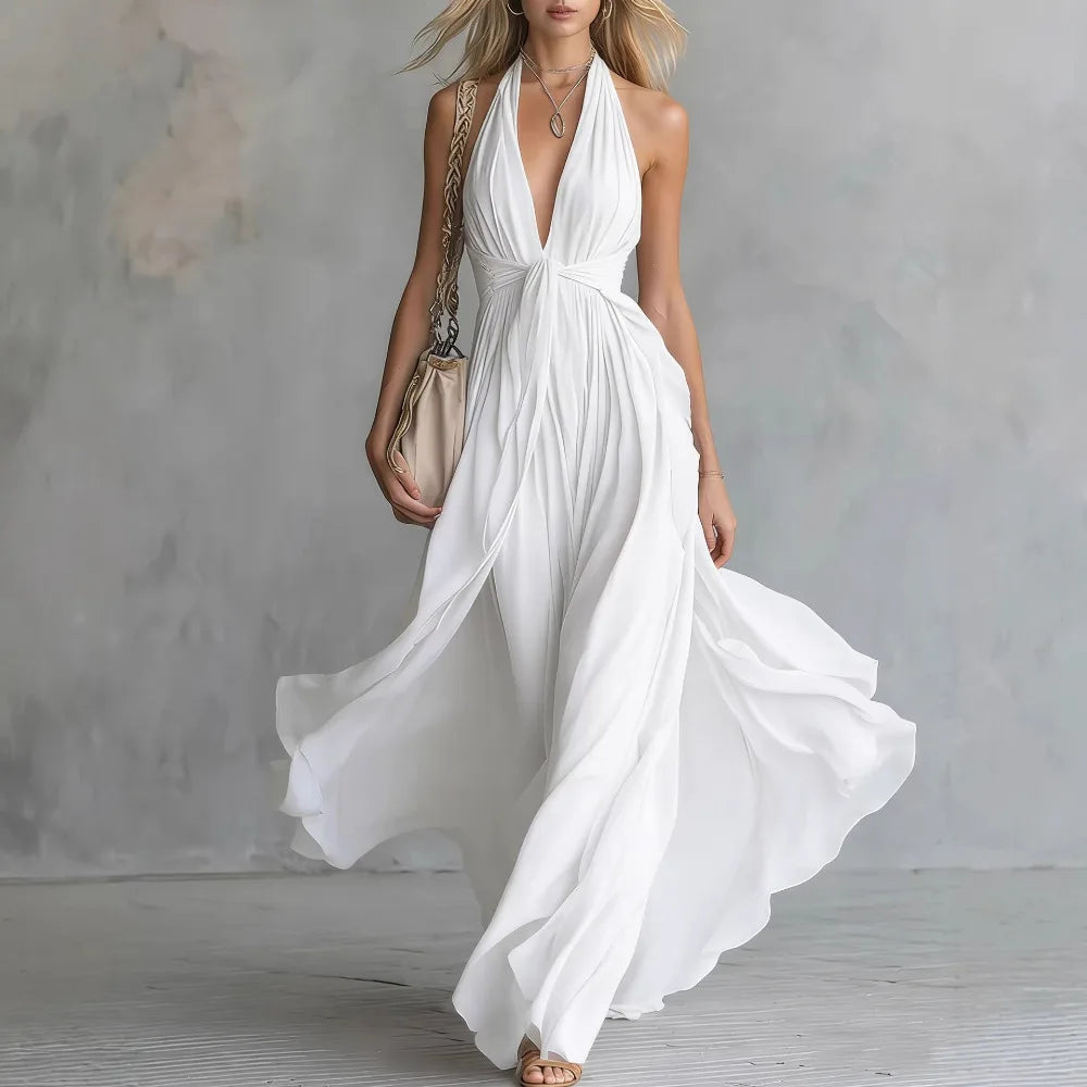 Women Halter Neck Deep V-Neck Flowy Maxi Dress Ruched Waist - Image 2