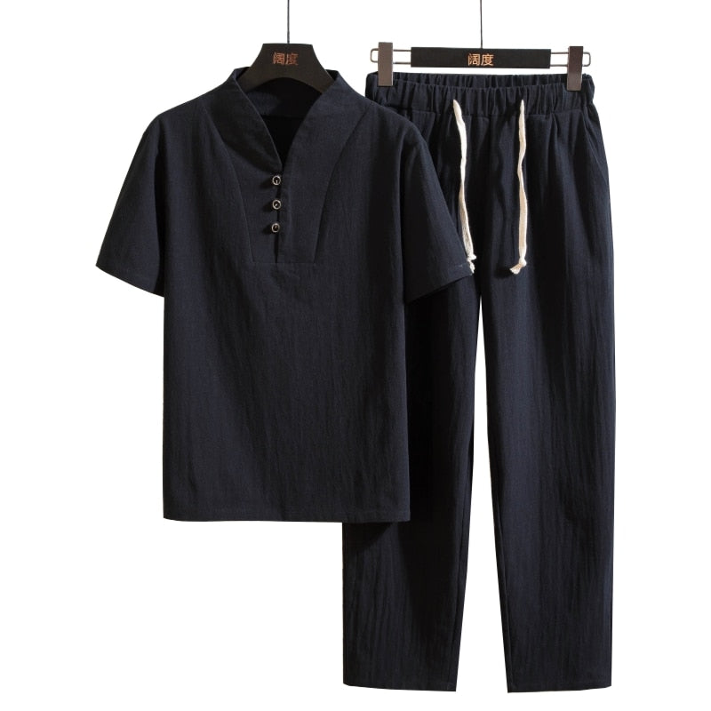 Men's 2 Piece Linen Outfit Set Summer Shirt Pants - Image 2
