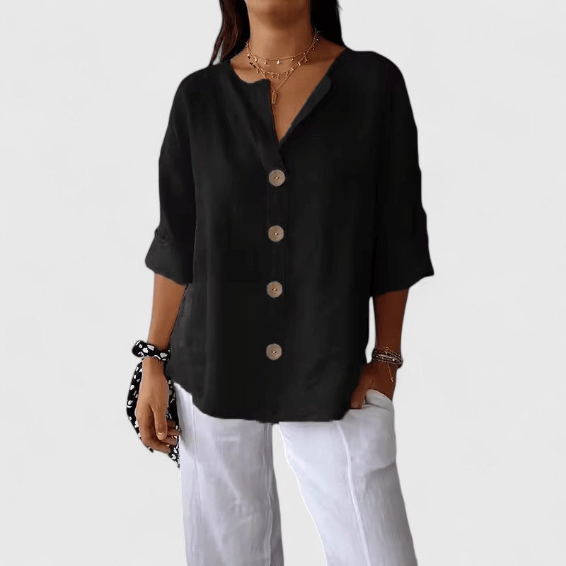 Women Cotton Linen V-Neck Button Front Blouse Summer - Image 6