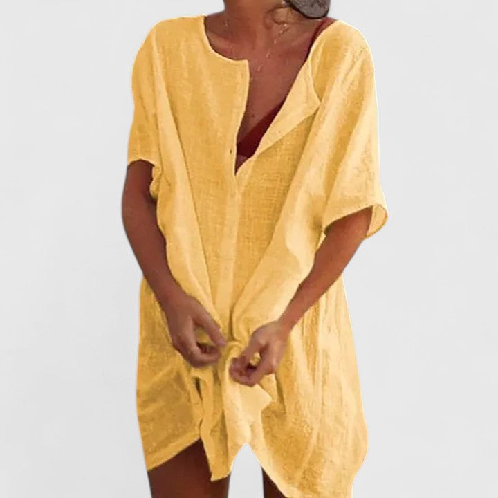 Women Loose Tunic Midi Dress V-Neck Short Sleeve - Image 7