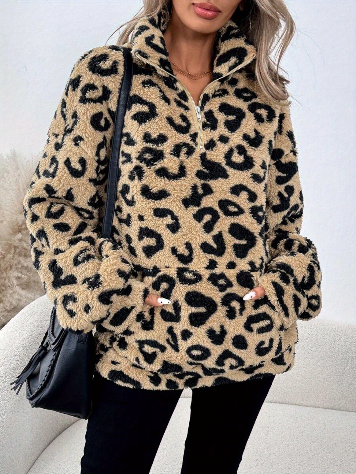 Women's Leopard Print Half-Zip Sweater Oversized - Image 5
