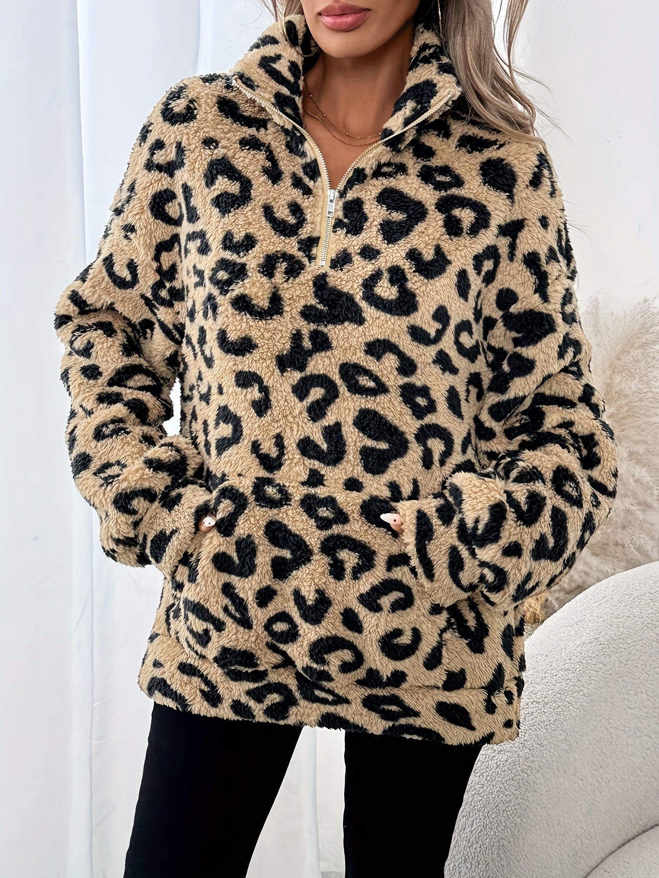 Women's Leopard Print Half-Zip Sweater Oversized - Image 7