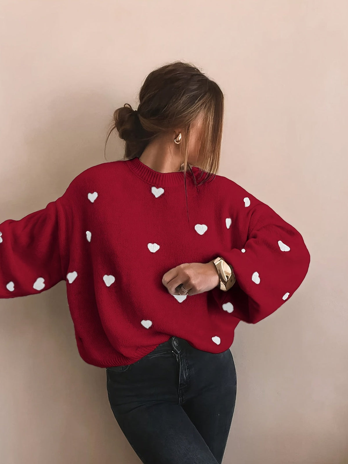 Women Cute Heart Print Knit Relaxed Fit Sweater - Image 3