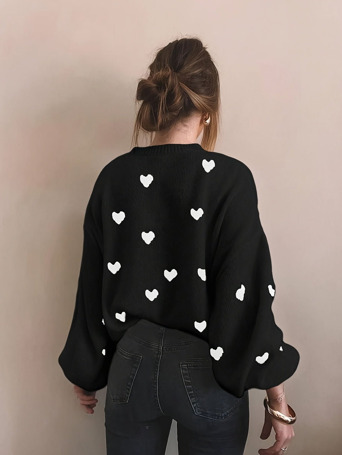 Women Cute Heart Print Knit Relaxed Fit Sweater - Image 5
