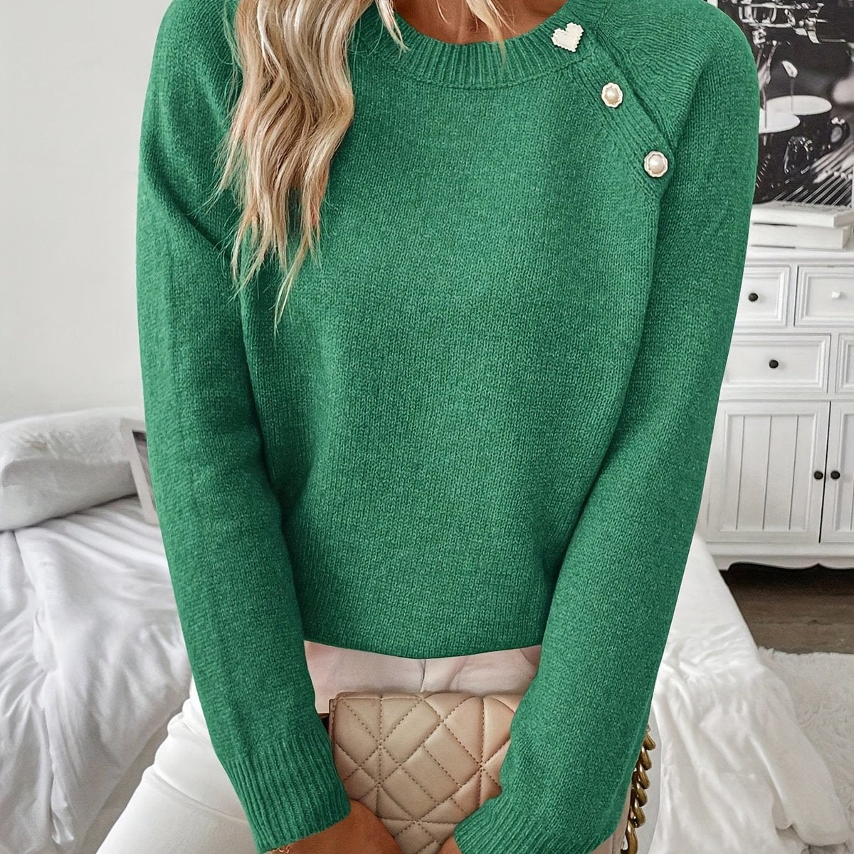 Women Pearl Button Knit Sweater - Image 3