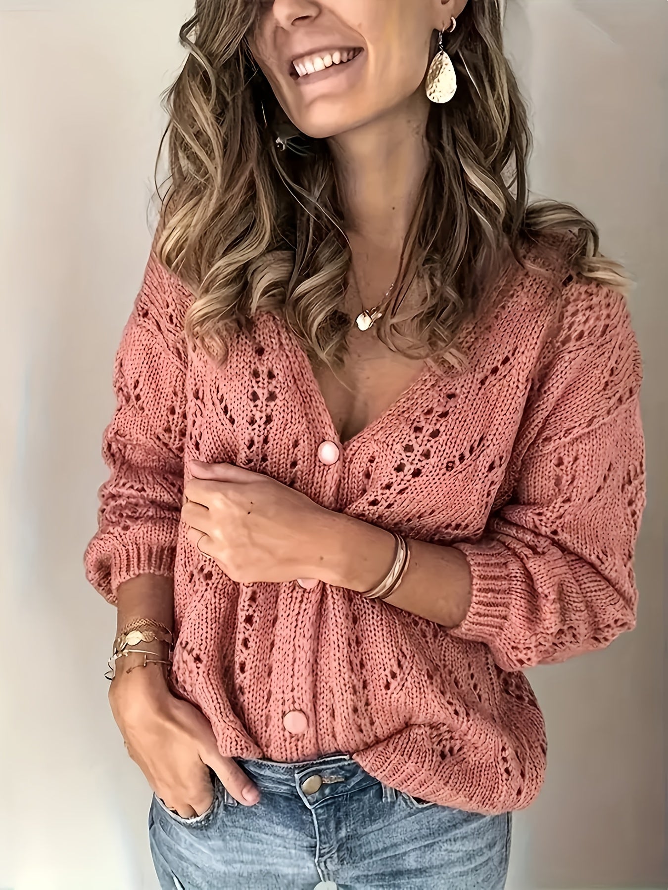Women Knit Cardigan V-Neck Balloon Sleeve - Image 4