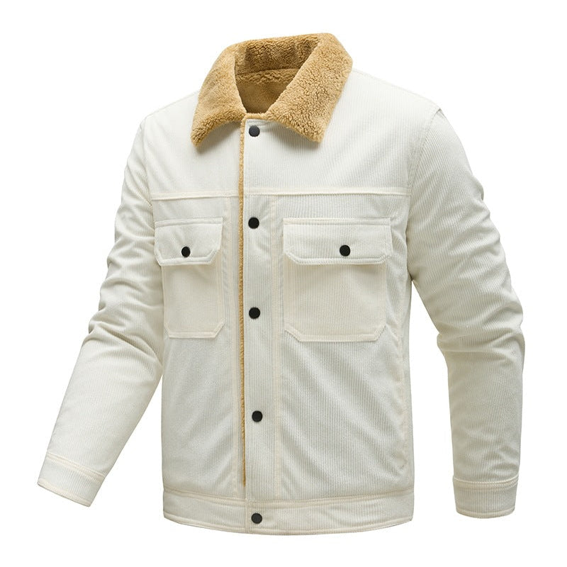 Men's Corduroy Jacket with Teddy Lining and Snap-Button Pockets