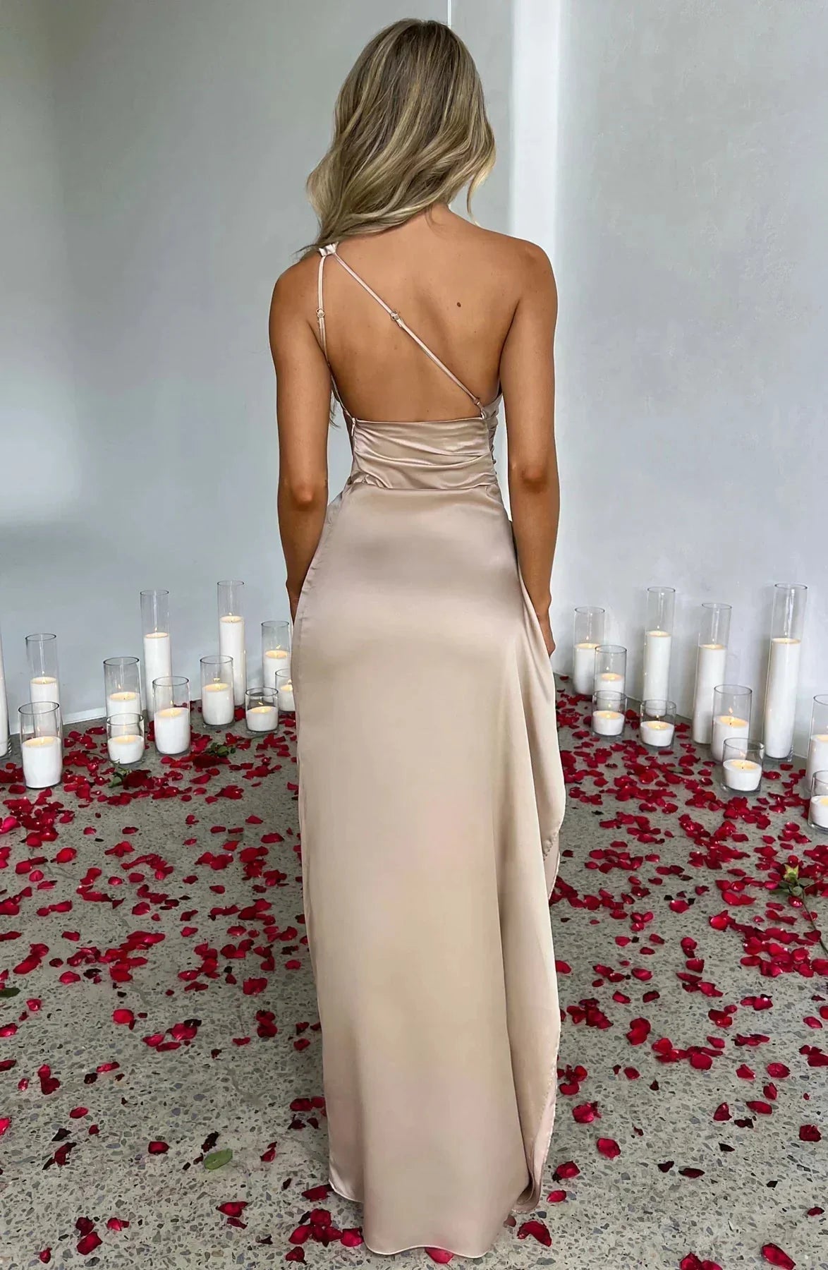 Women One Shoulder Draped Maxi Dress High Slit Formal Gown - Image 6