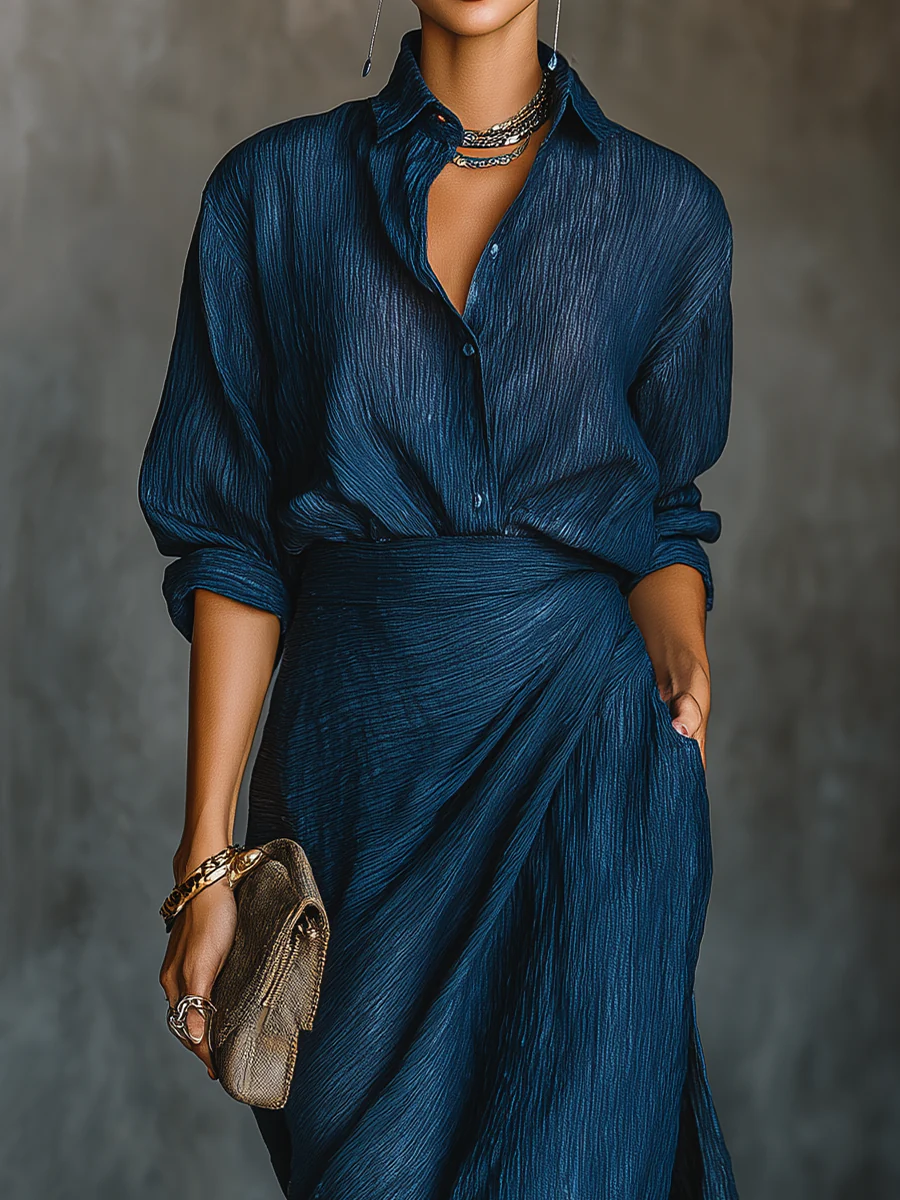 Women Elegant Shirt Long Skirt Two Piece Set - Image 2