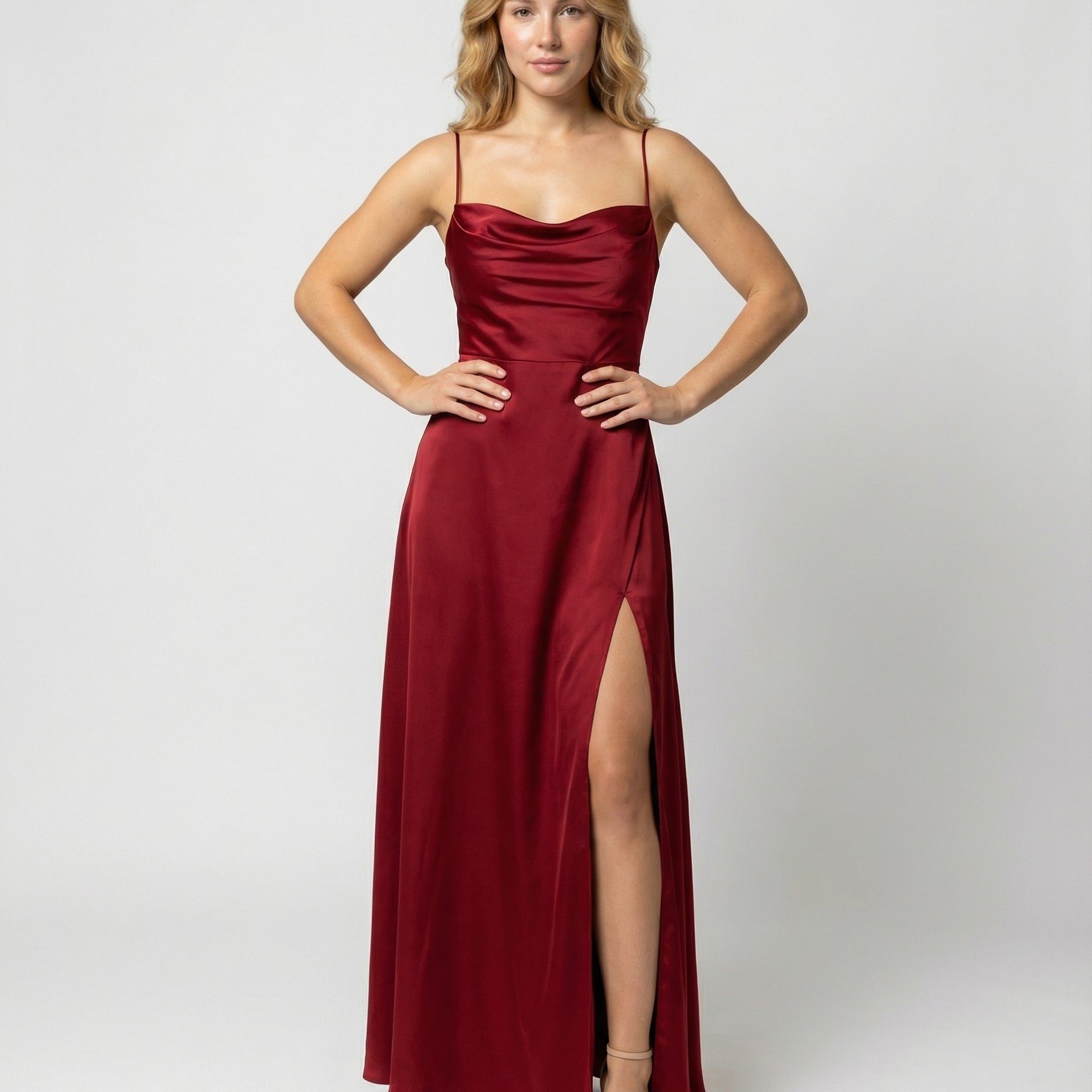 Women Satin Cowl Neck Maxi Dress Formal Evening