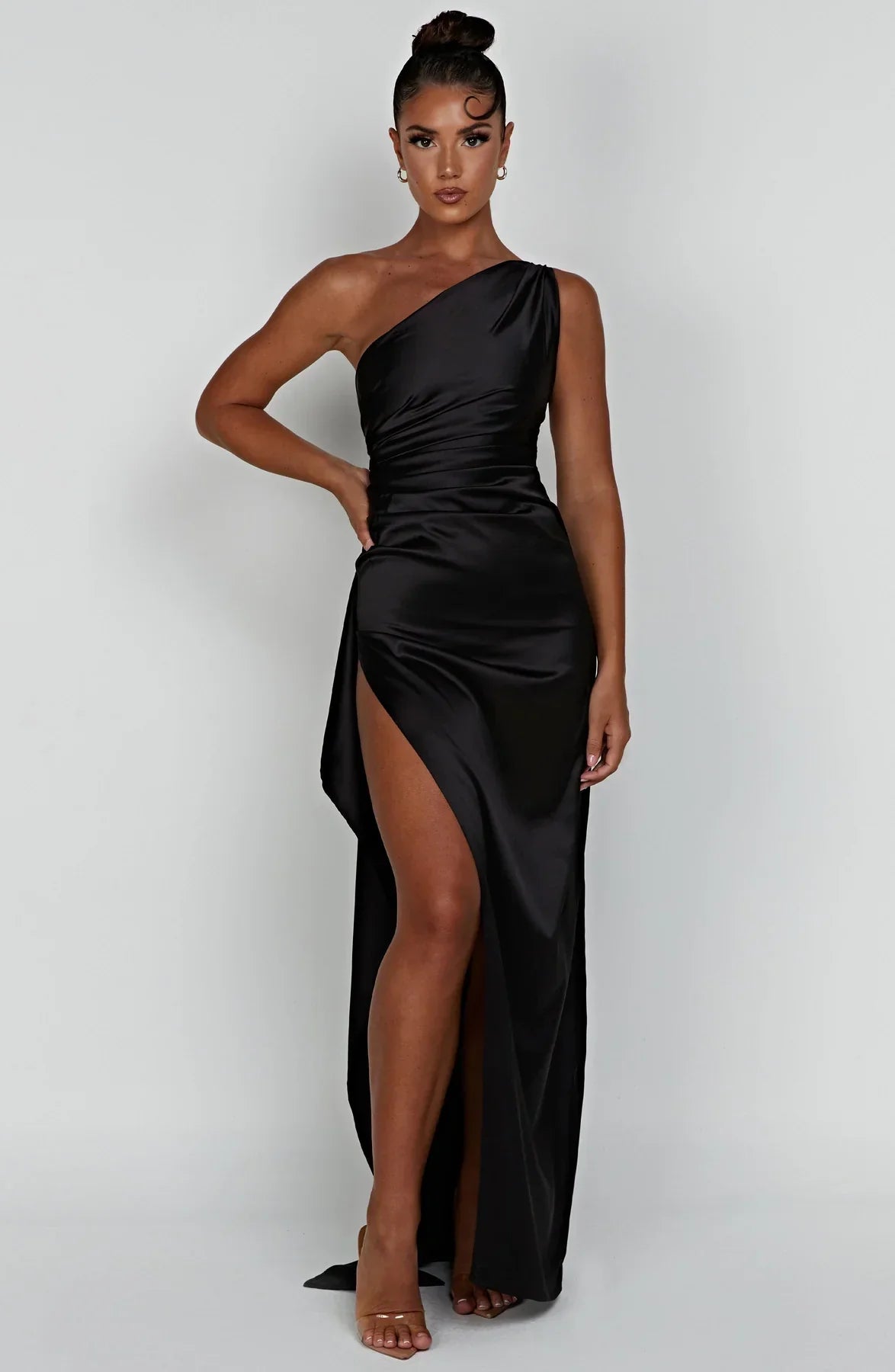 Women One Shoulder Pleated Satin Maxi Dress Slit Formal Gown - Image 31