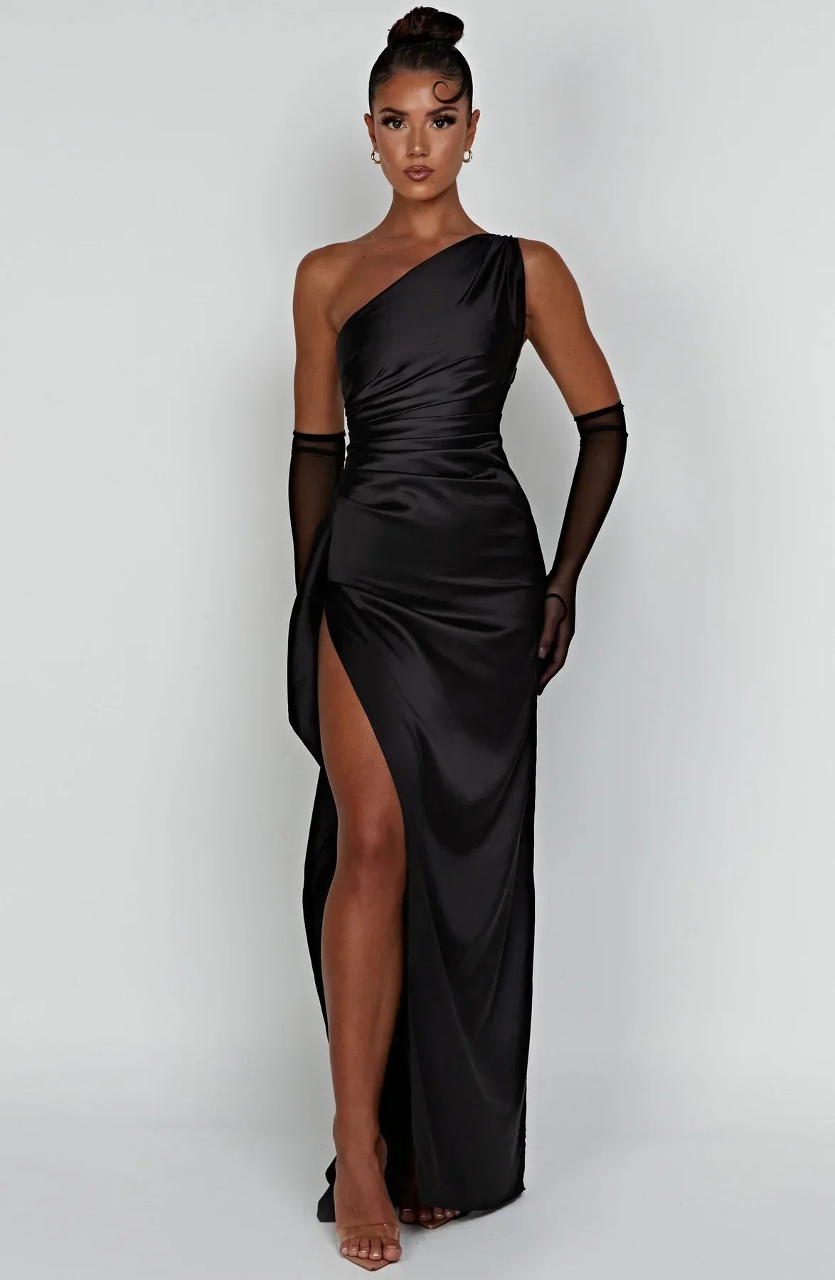 Women One Shoulder Pleated Satin Maxi Dress Slit Formal Gown - Image 24