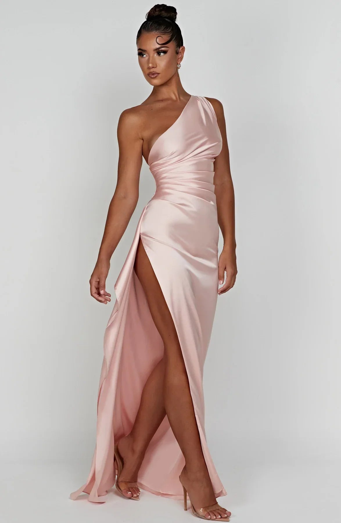 Women One Shoulder Pleated Satin Maxi Dress Slit Formal Gown - Image 9