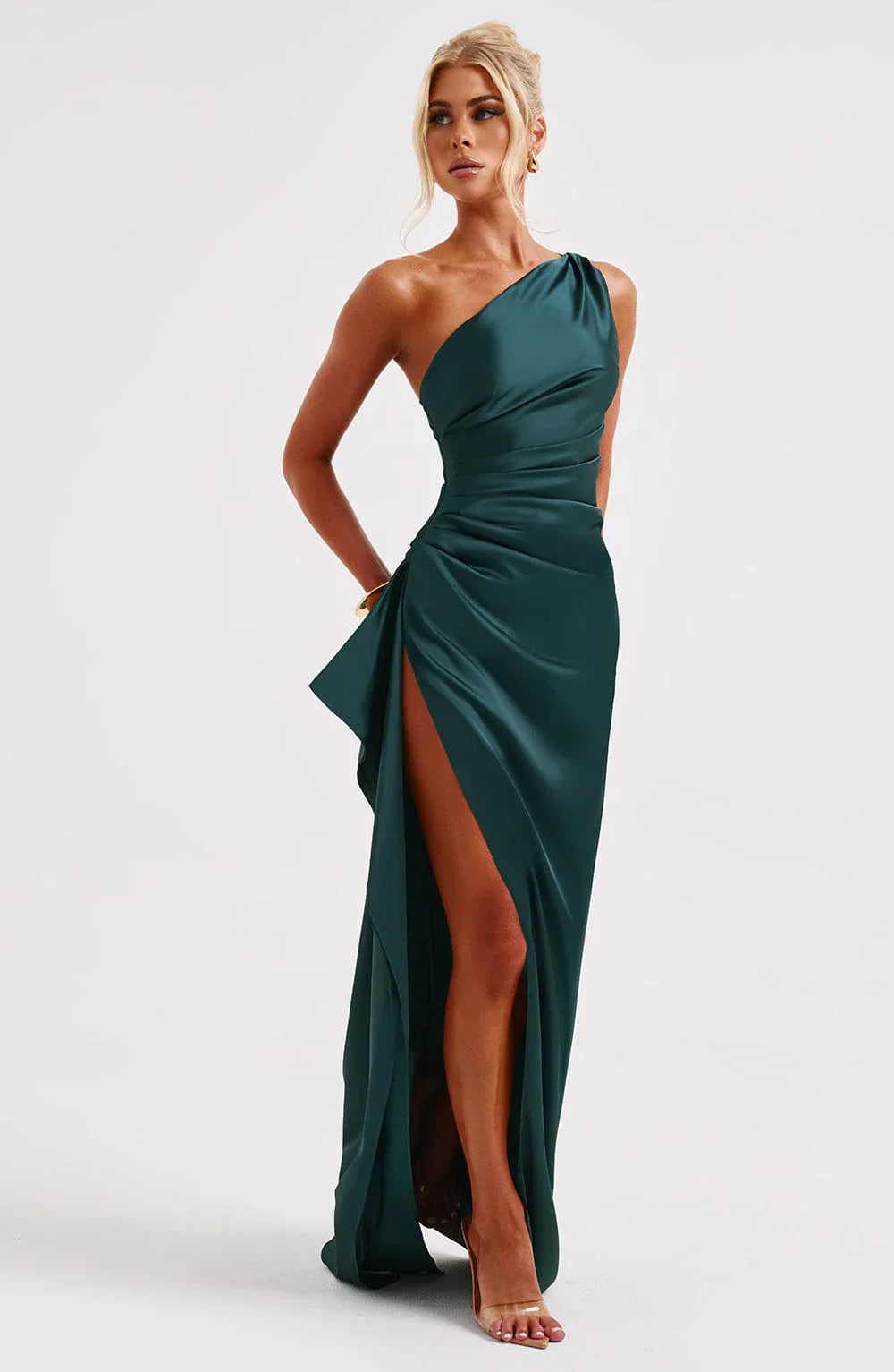 Women One Shoulder Pleated Satin Maxi Dress Slit Formal Gown - Image 59