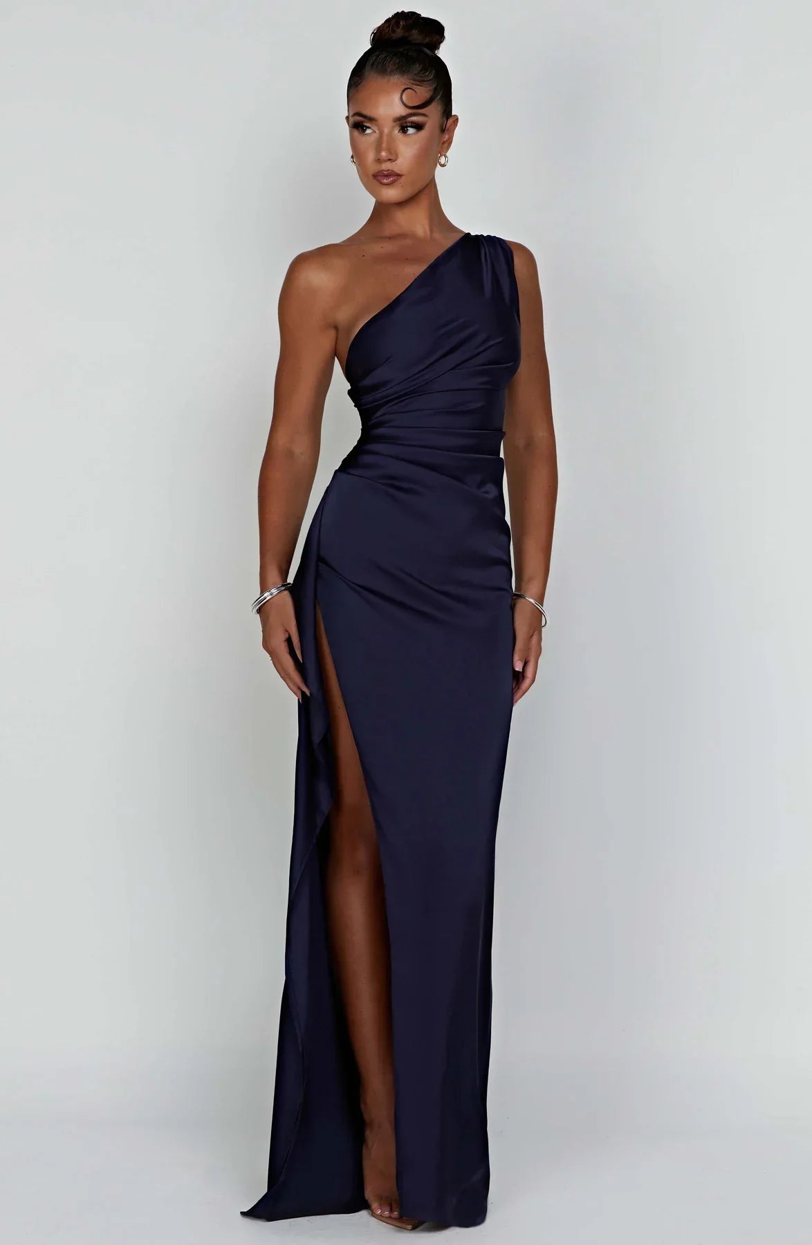 Women One Shoulder Pleated Satin Maxi Dress Slit Formal Gown - Image 15