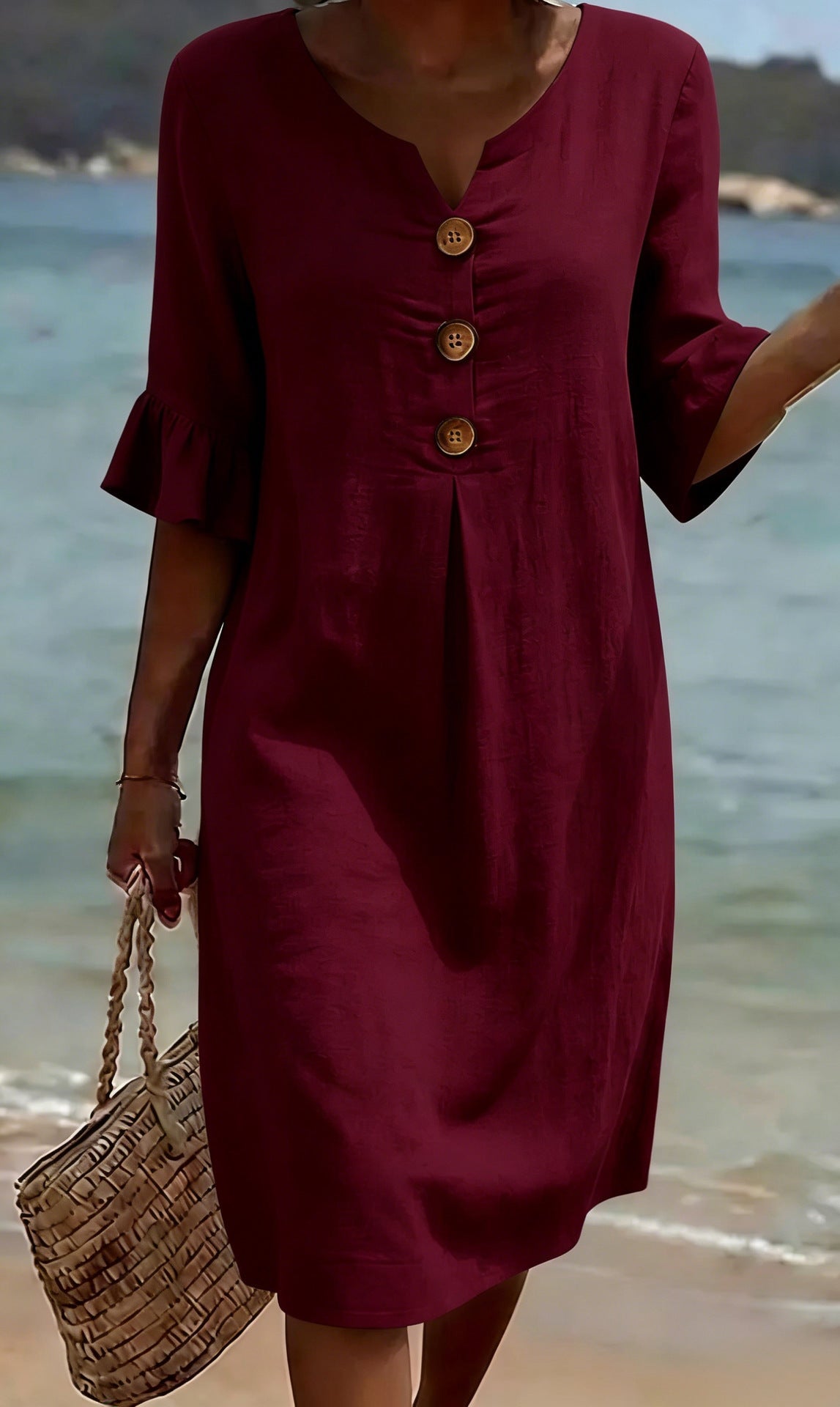 Women Linen Blend Midi Dress Loose Short Sleeve Button Front - Image 8