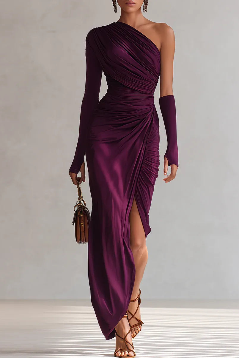 Women One Shoulder Ruched Formal Maxi Dress
