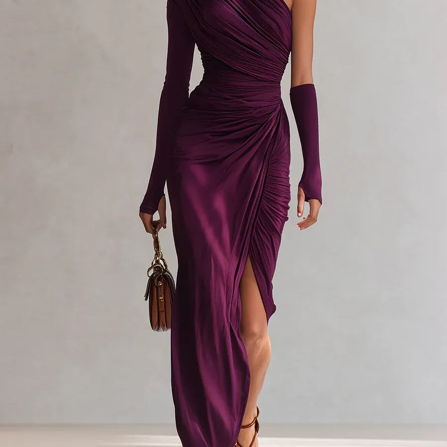 Women One Shoulder Ruched Formal Maxi Dress