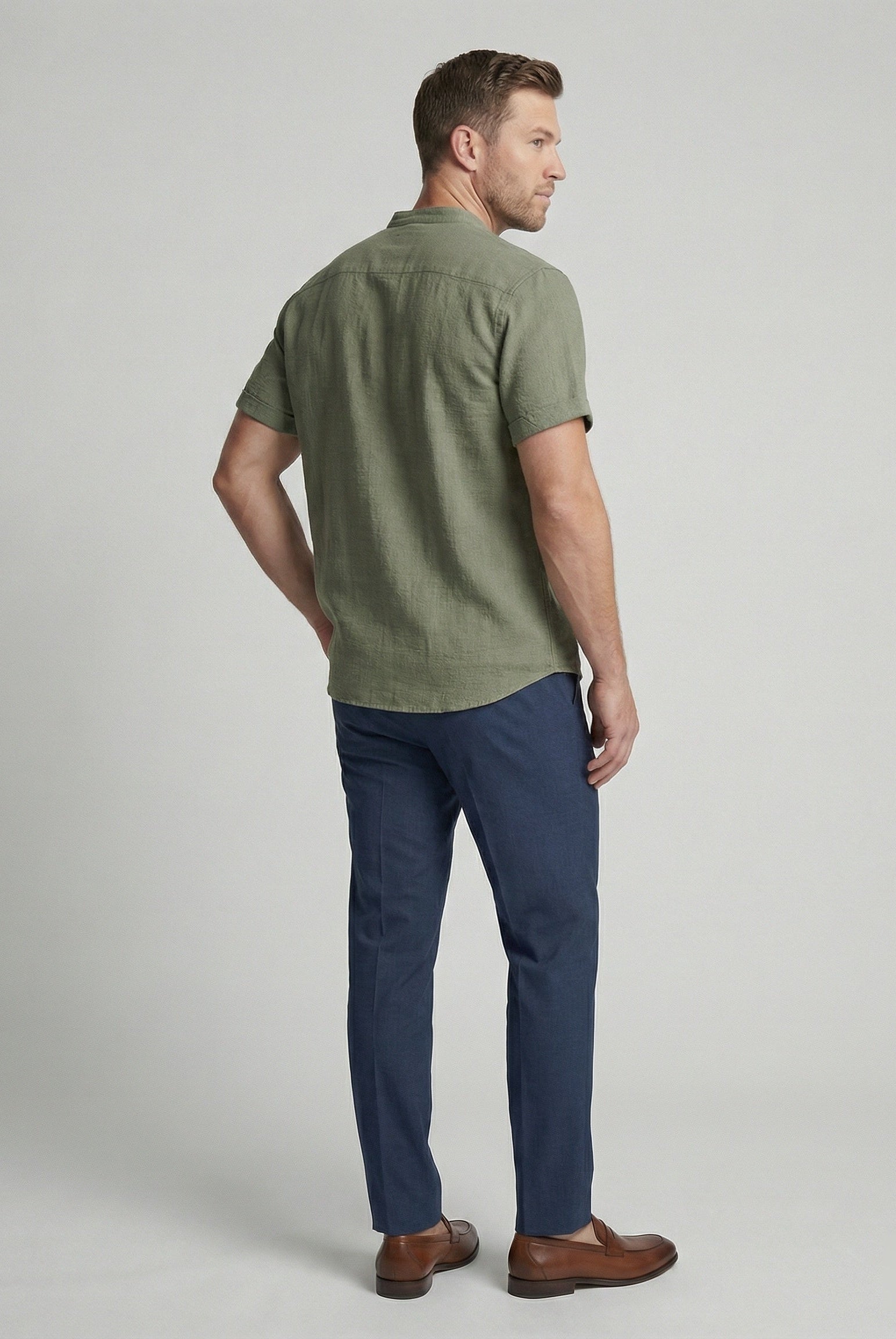 Men's Linen Mandarin Collar Short Sleeve Shirt - Image 3
