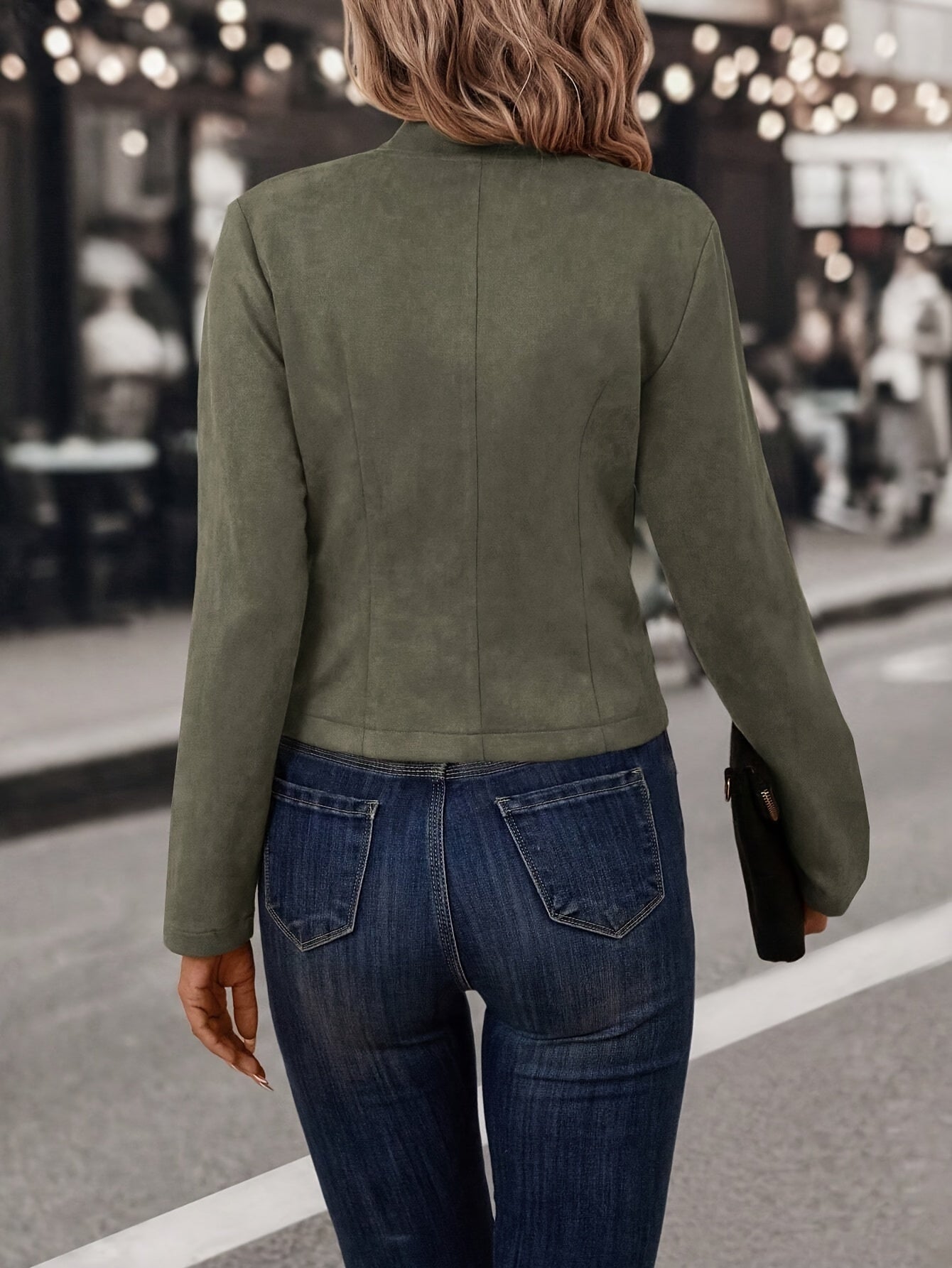 Women Faux Suede Double-Breasted Open Front Blazer - Image 4