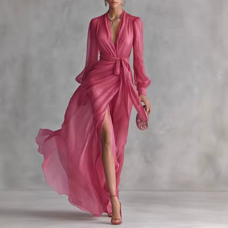 Women Chiffon Maxi Dress Belted Formal Wedding Guest