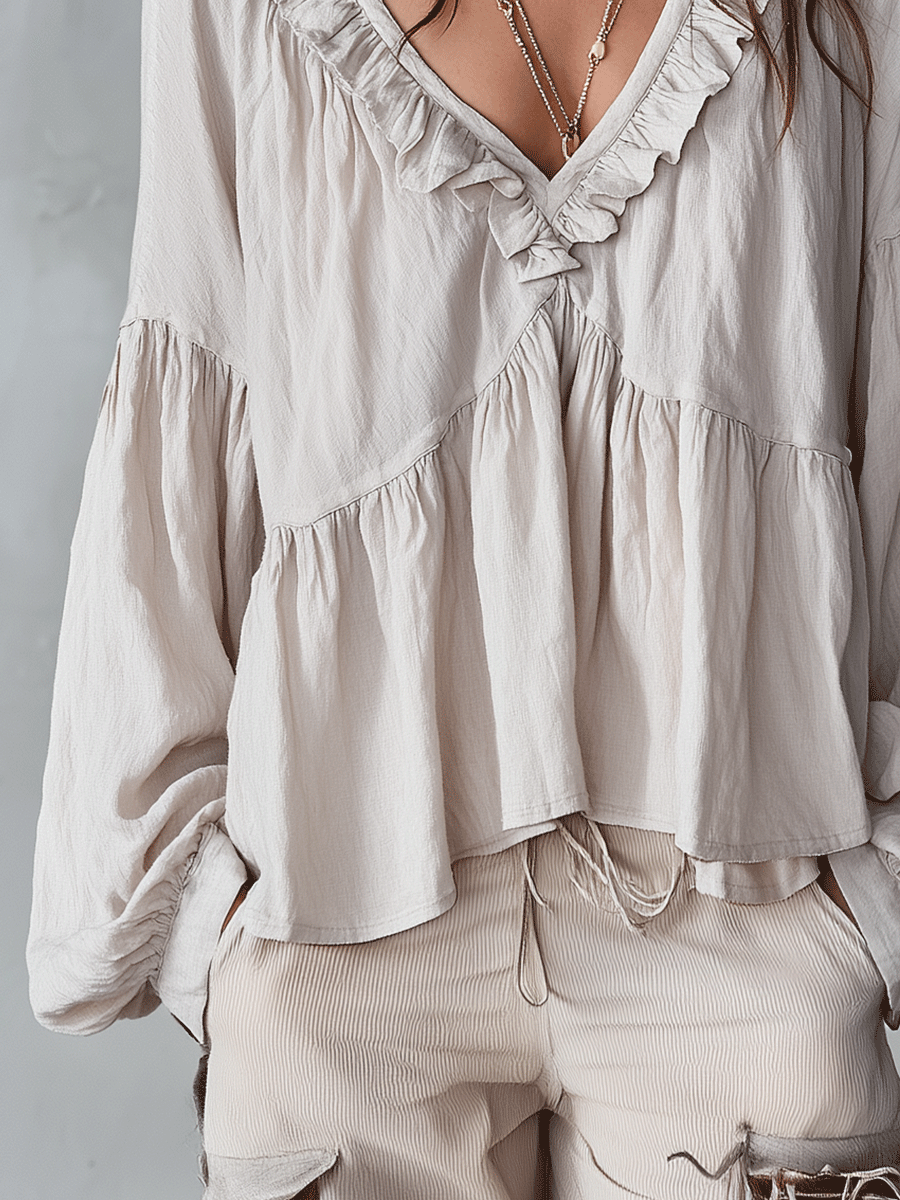 Women Ruffle Boho Blouse Long Sleeve Vintage Inspired White - Image 10