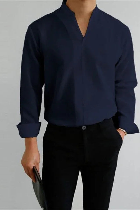 Men's Mandarin Collar Long Sleeve Shirt - Image 4