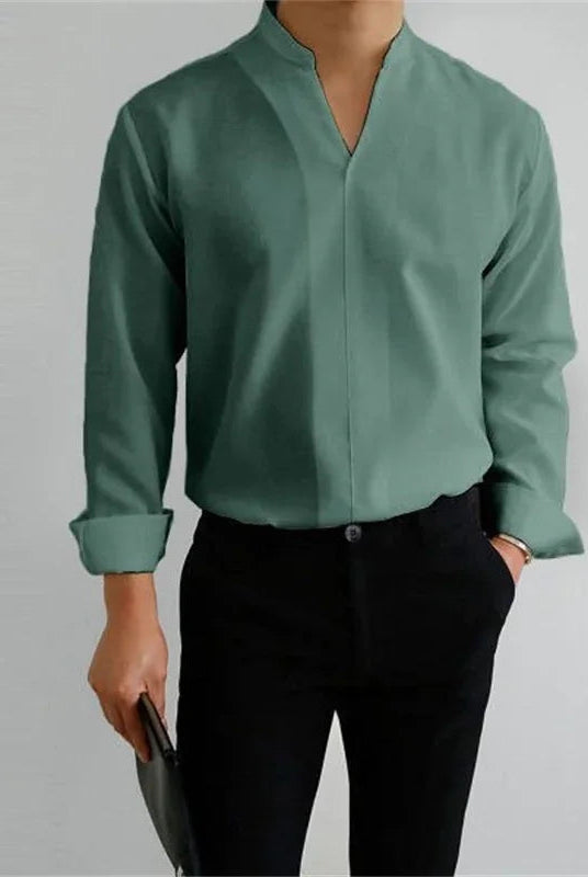 Men's Mandarin Collar Long Sleeve Shirt - Image 8