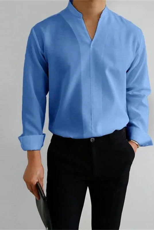 Men's Mandarin Collar Long Sleeve Shirt - Image 3