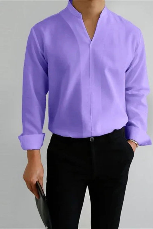 Men's Mandarin Collar Long Sleeve Shirt - Image 9
