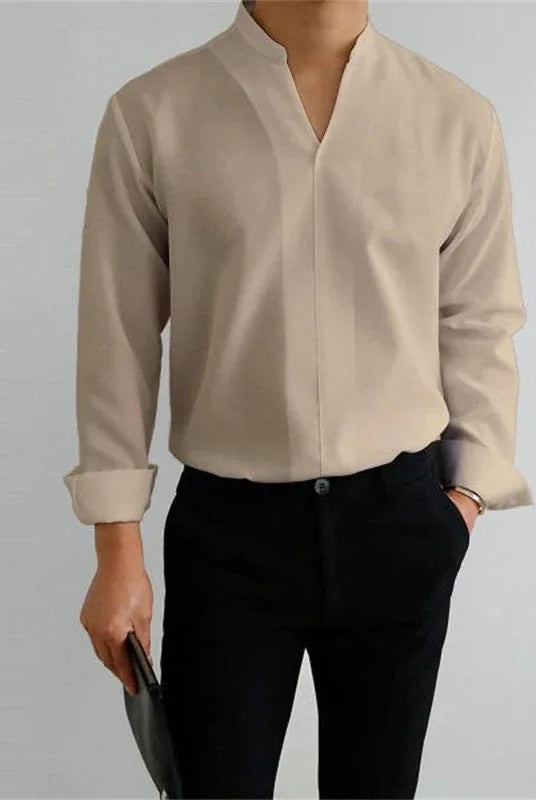 Men's Mandarin Collar Long Sleeve Shirt - Image 10