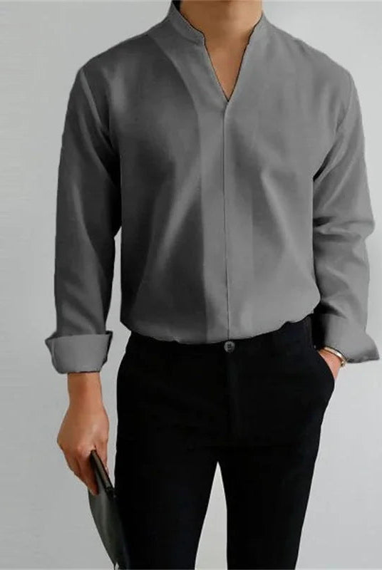 Men's Mandarin Collar Long Sleeve Shirt - Image 6