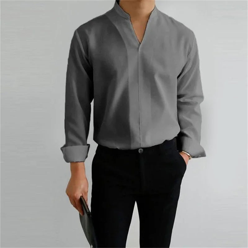 Men's Mandarin Collar Long Sleeve Shirt - Image 6