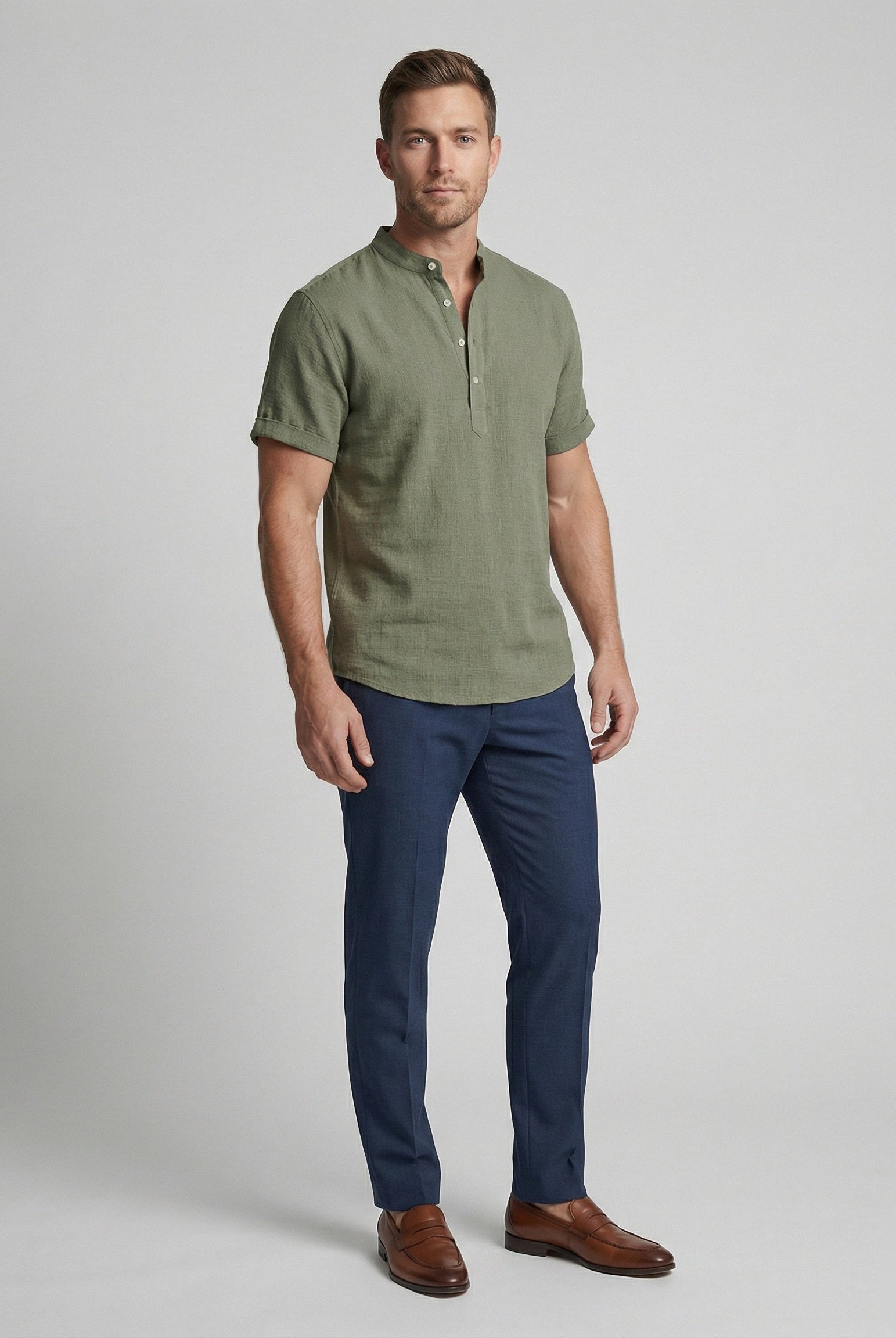 Men's Linen Mandarin Collar Short Sleeve Shirt