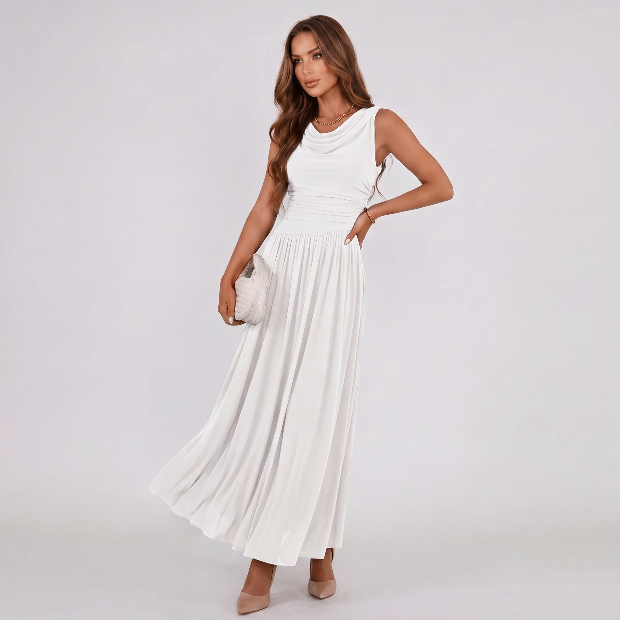 Women Draped Neck Pleated Midi Dress - Image 4