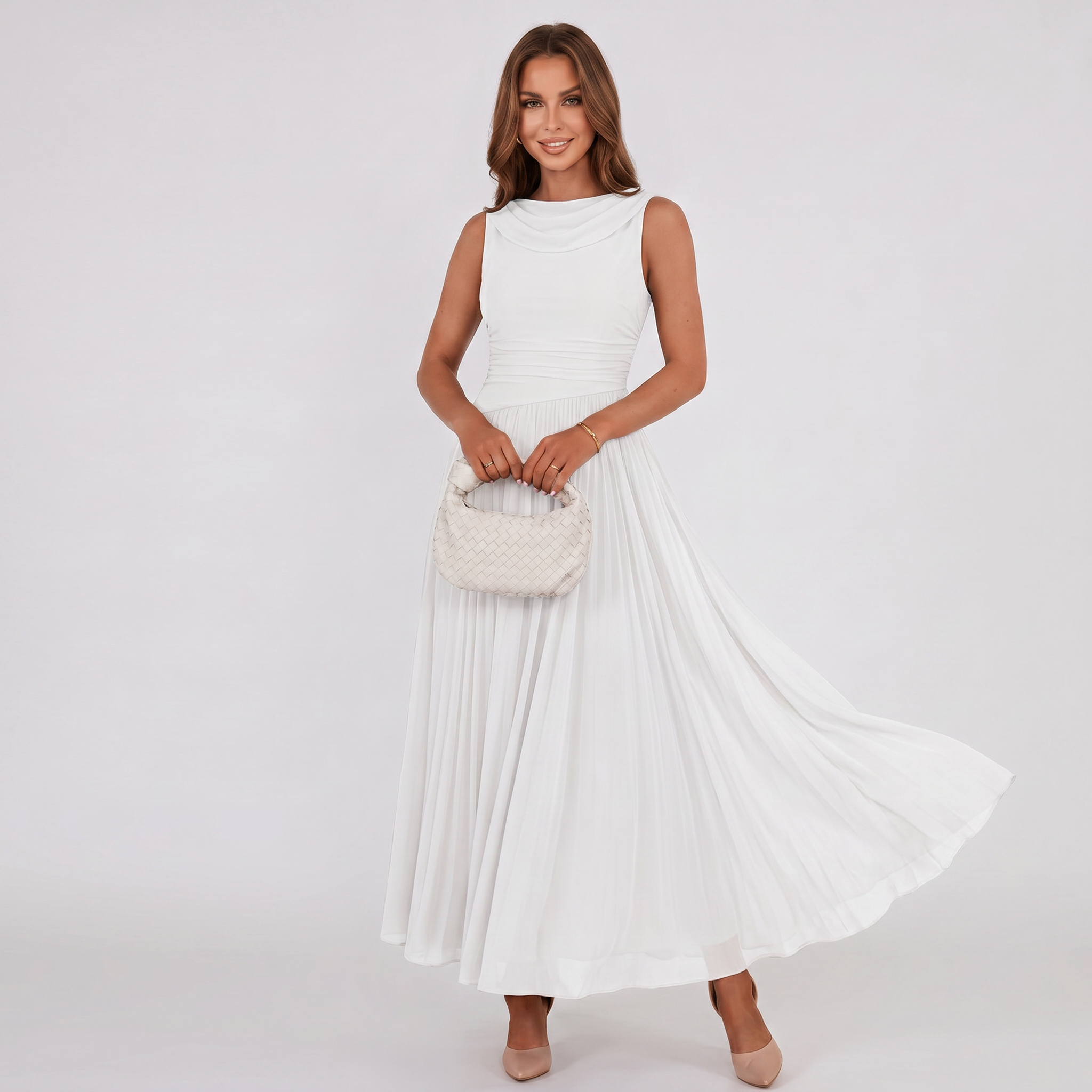 Women Draped Neck Pleated Midi Dress - Image 2