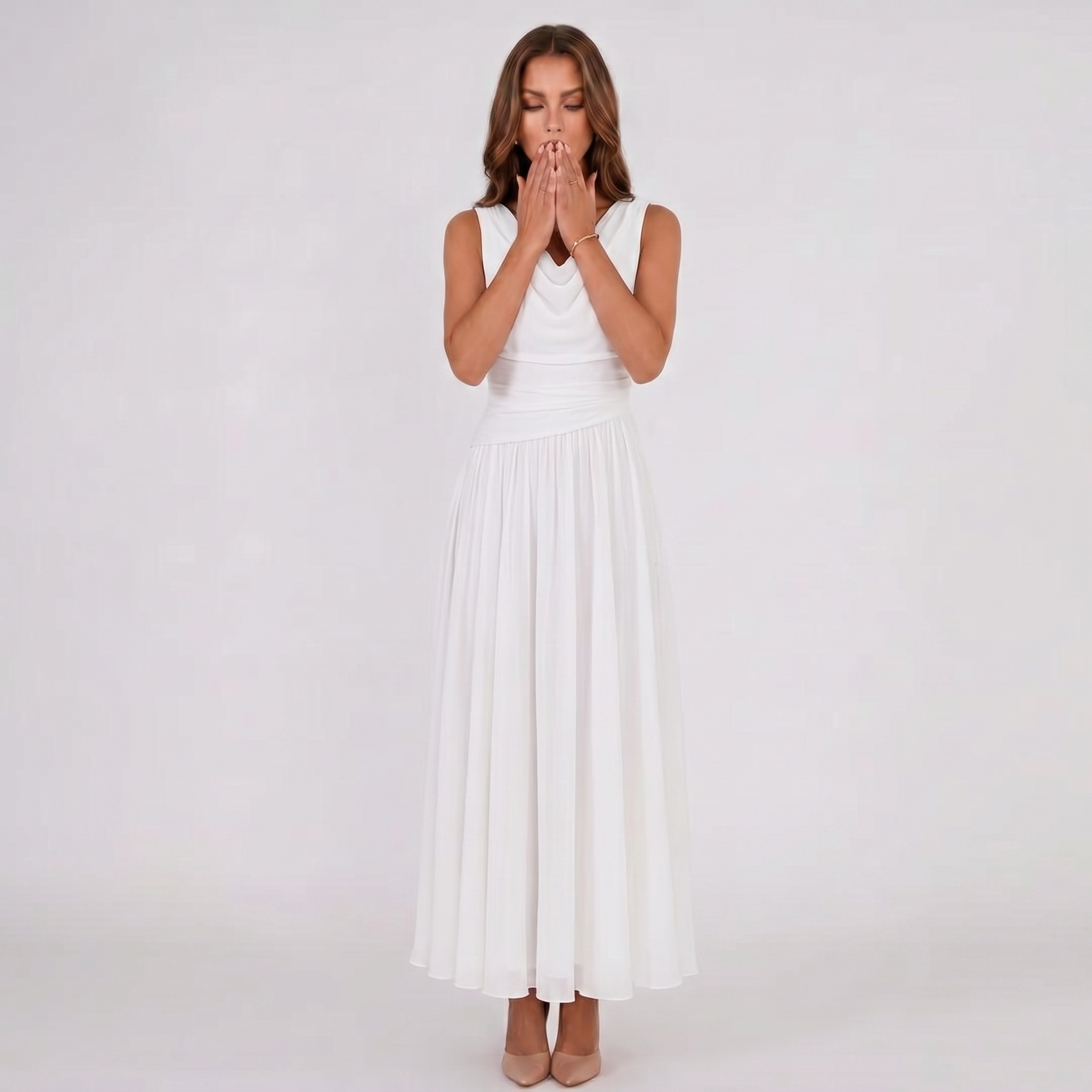 Women Draped Neck Pleated Midi Dress