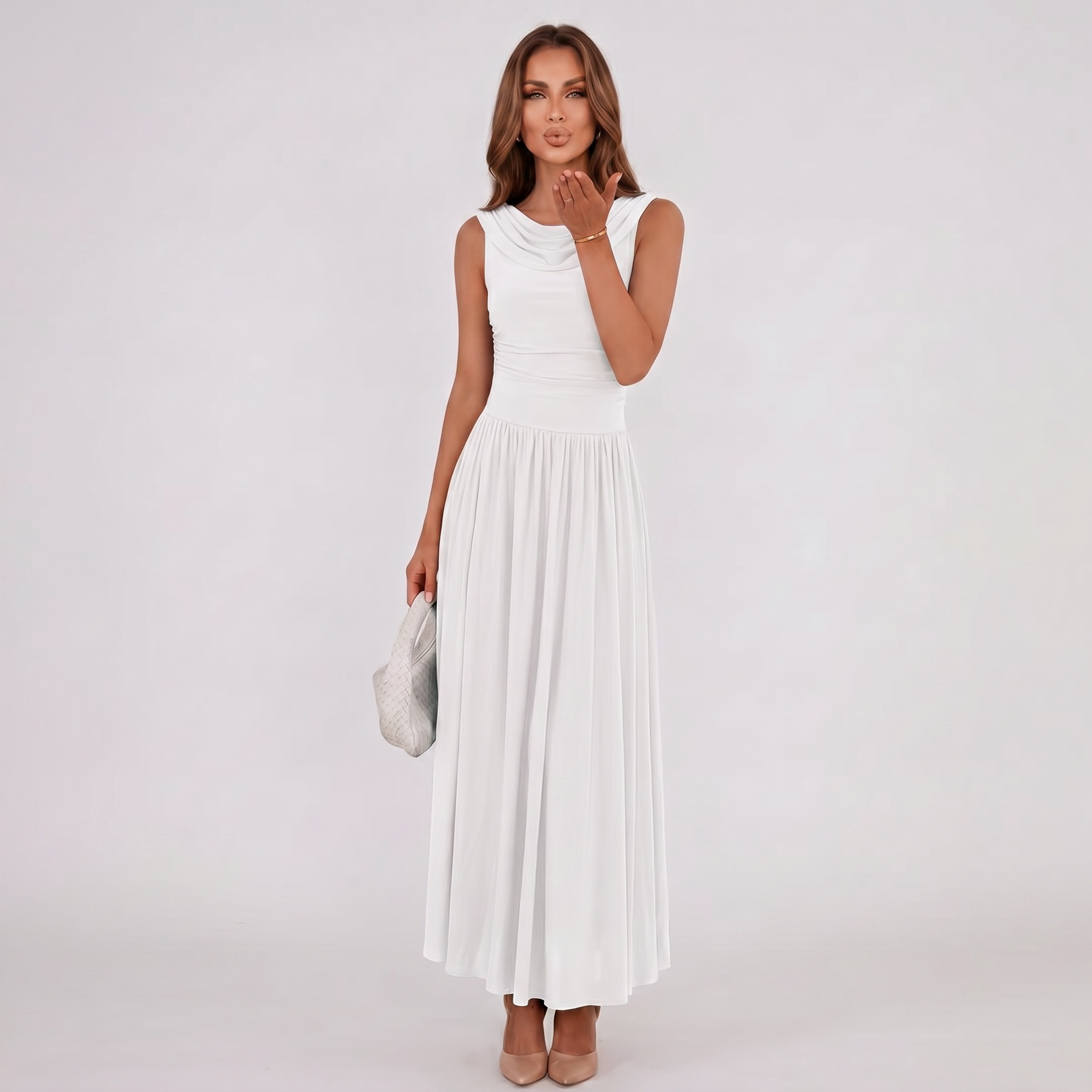 Women Draped Neck Pleated Midi Dress - Image 3