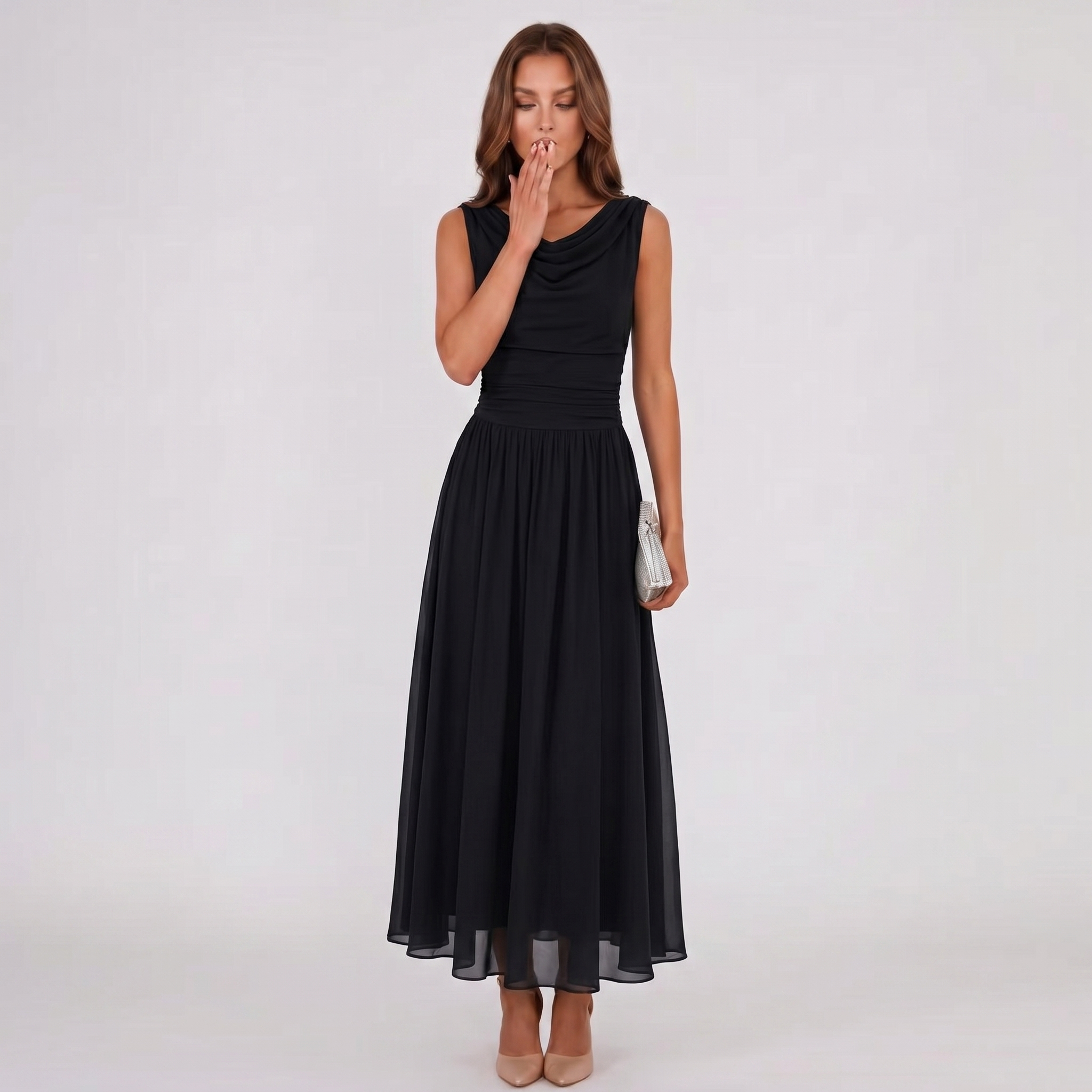 Women Draped Neck Pleated Midi Dress - Image 6