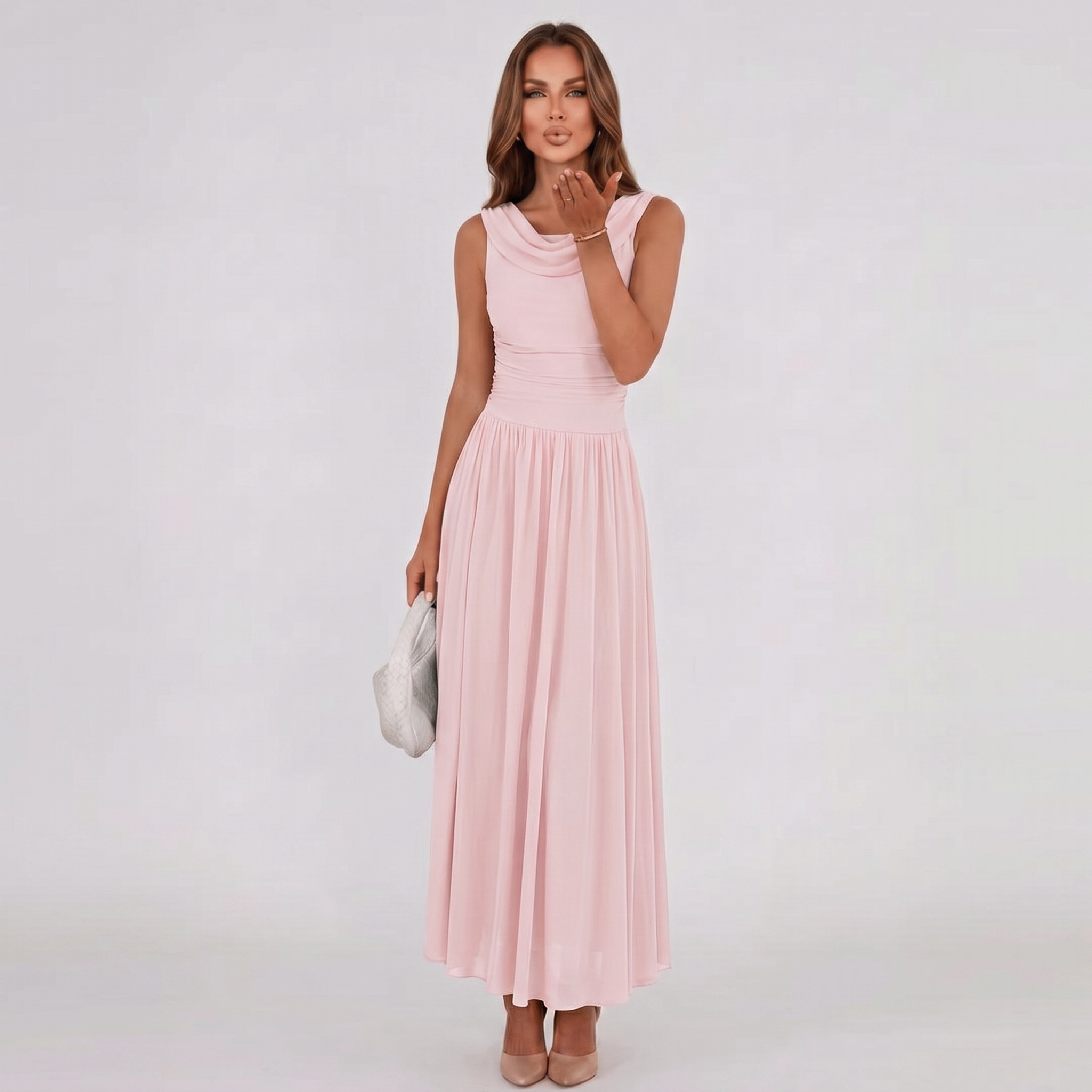 Women Draped Neck Pleated Midi Dress - Image 11