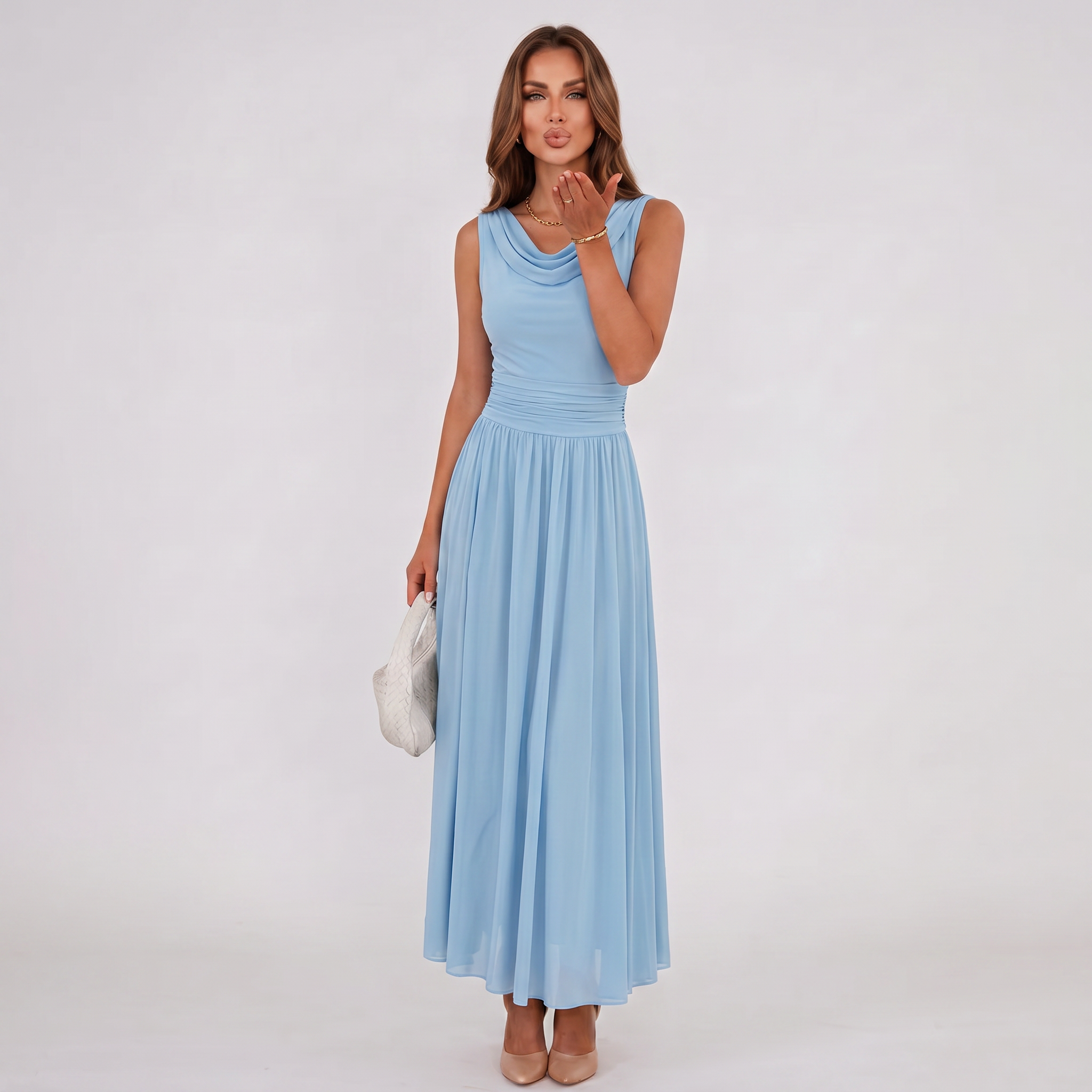 Women Draped Neck Pleated Midi Dress - Image 15