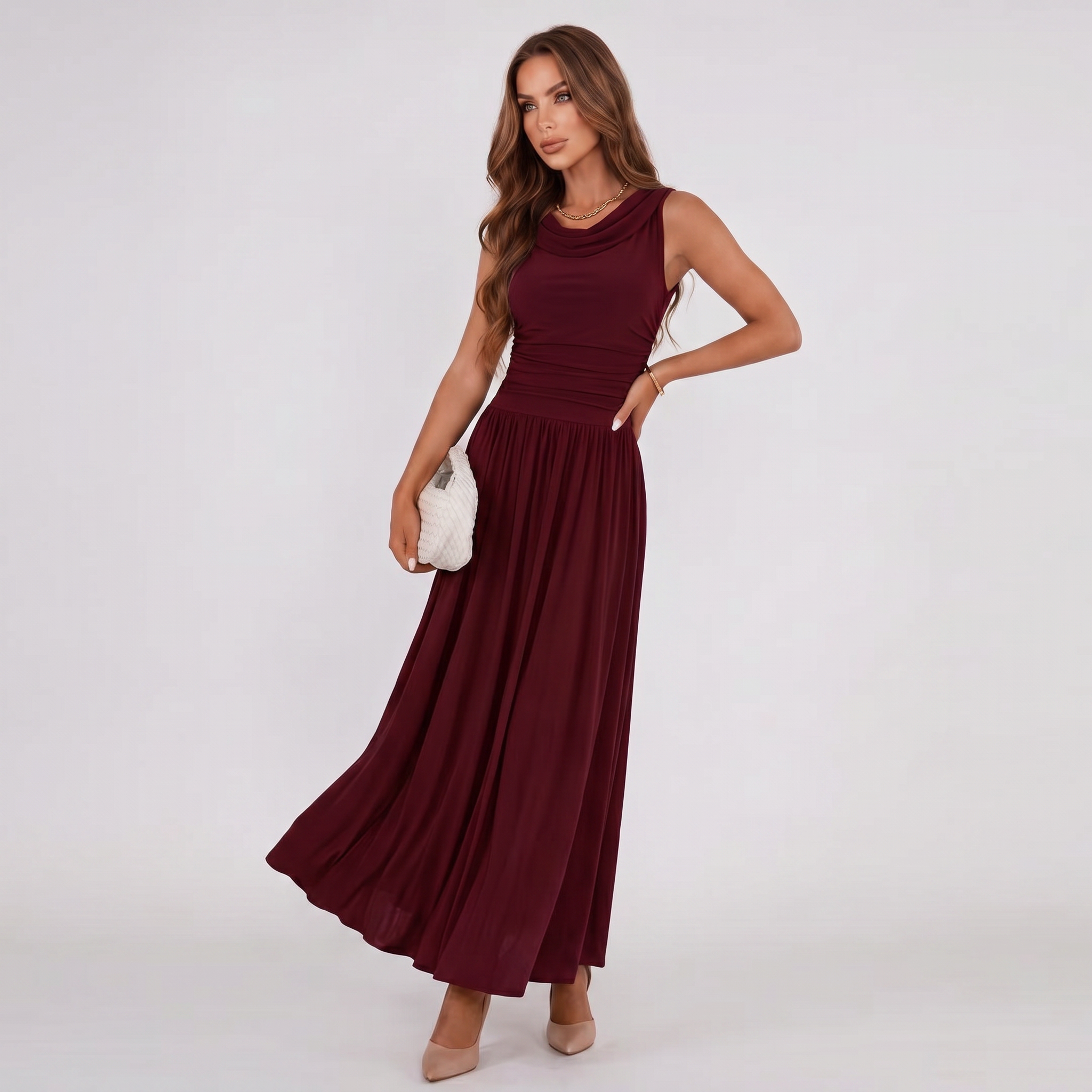 Women Draped Neck Pleated Midi Dress - Image 18