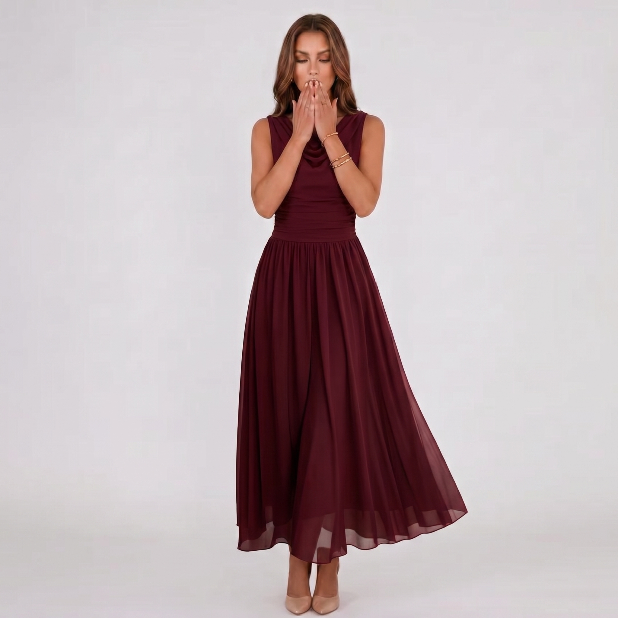Women Draped Neck Pleated Midi Dress - Image 19