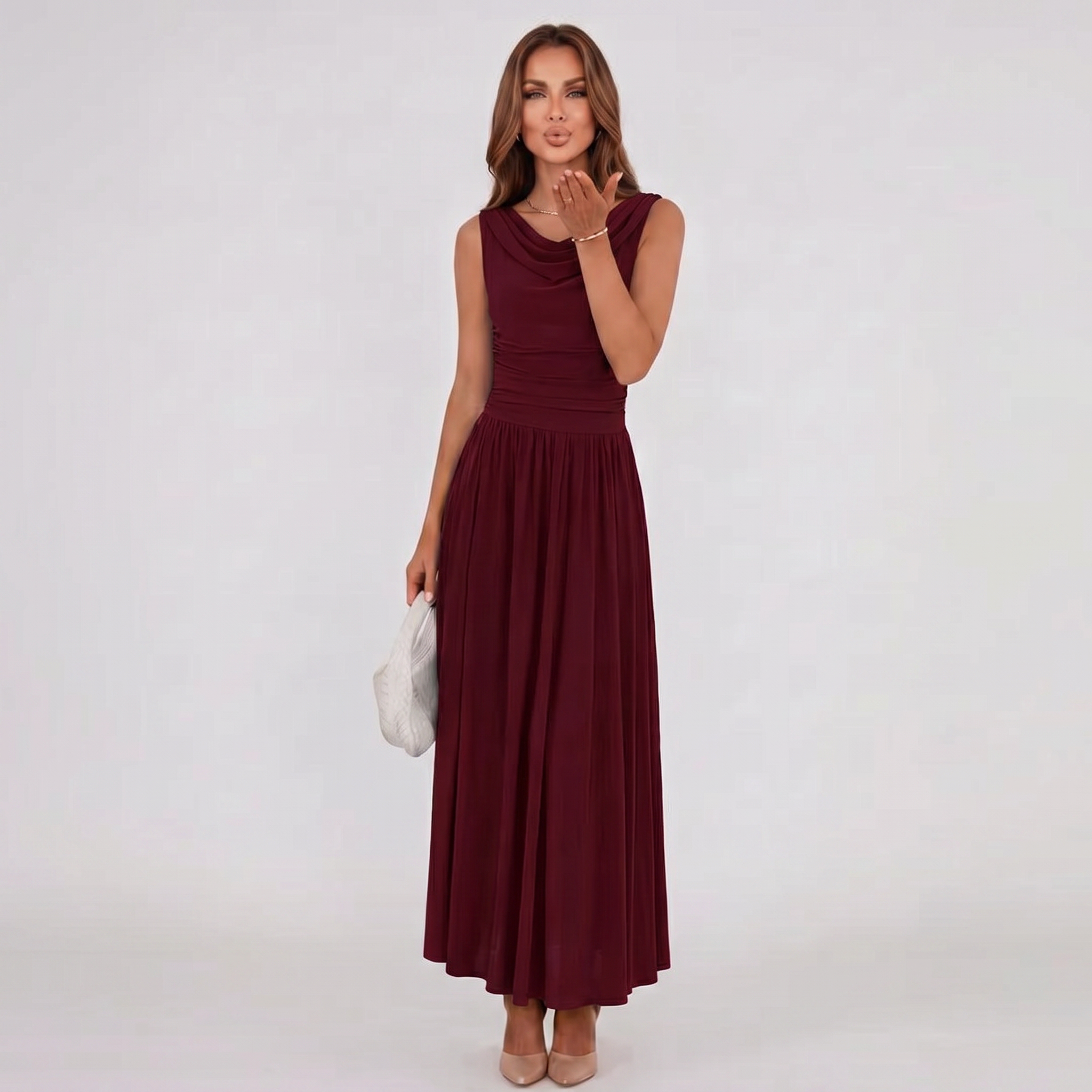 Women Draped Neck Pleated Midi Dress - Image 20