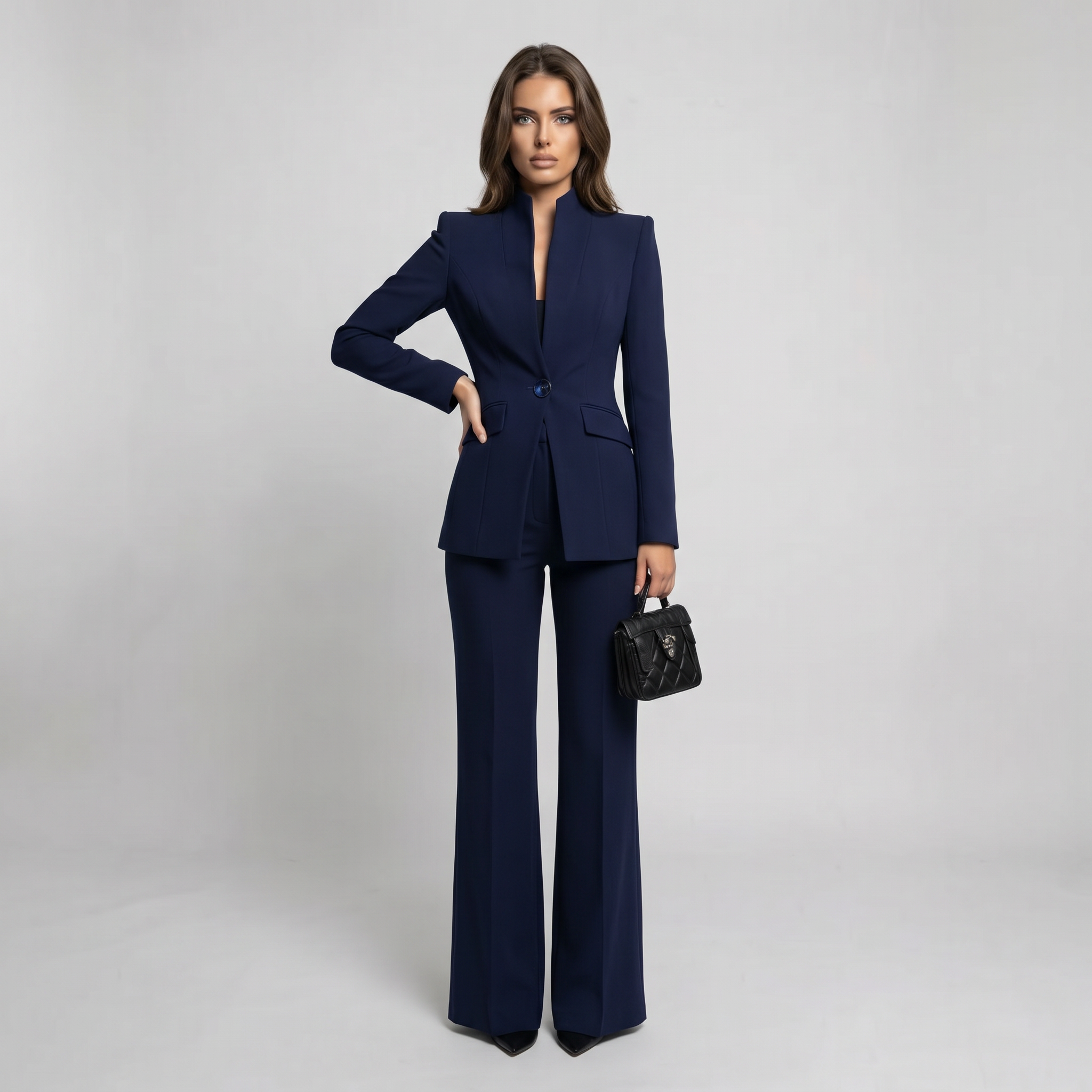 Women Tailored Blazer Trouser Set Wide Leg Suit - Image 2