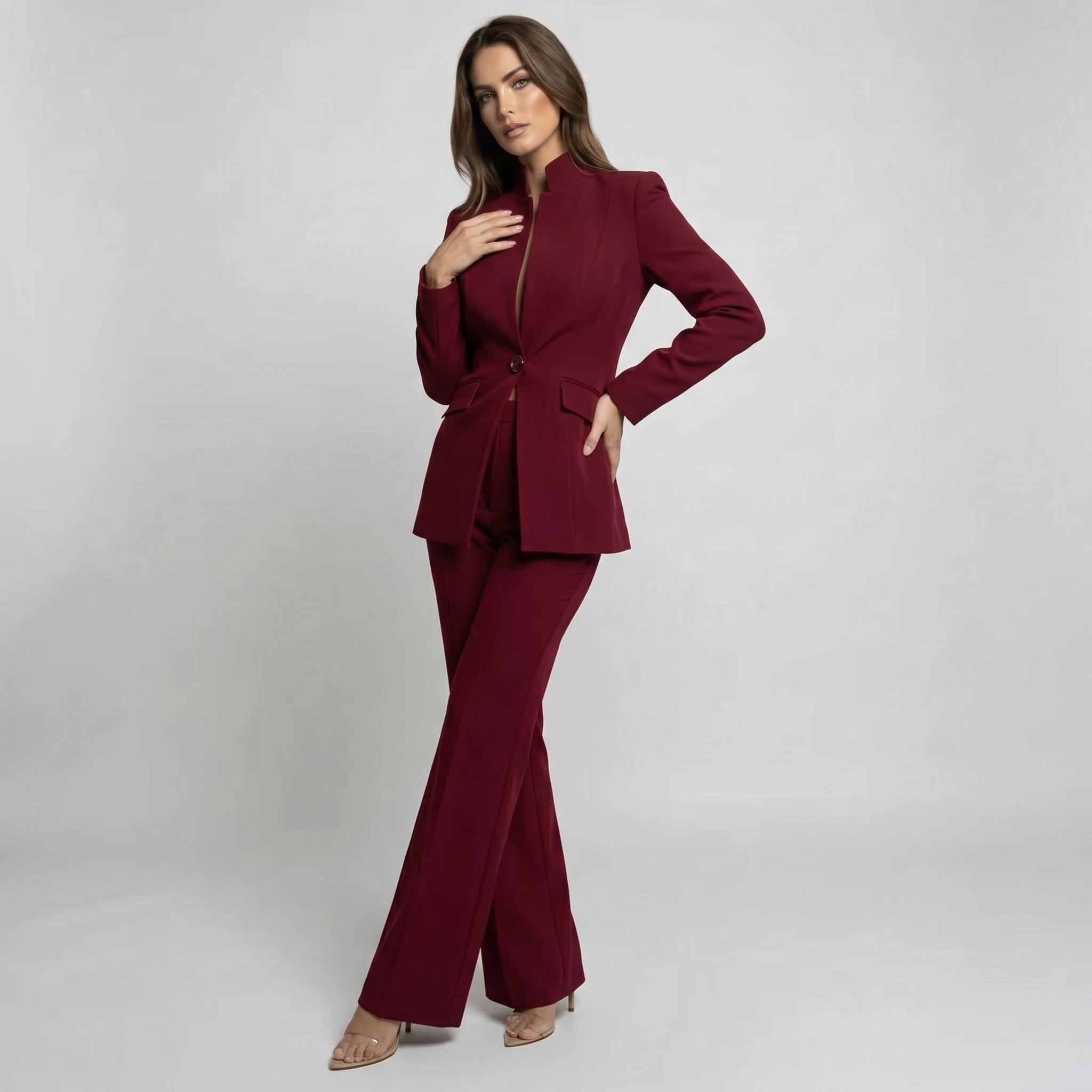 Women Tailored Blazer Trouser Set Wide Leg Suit - Image 6