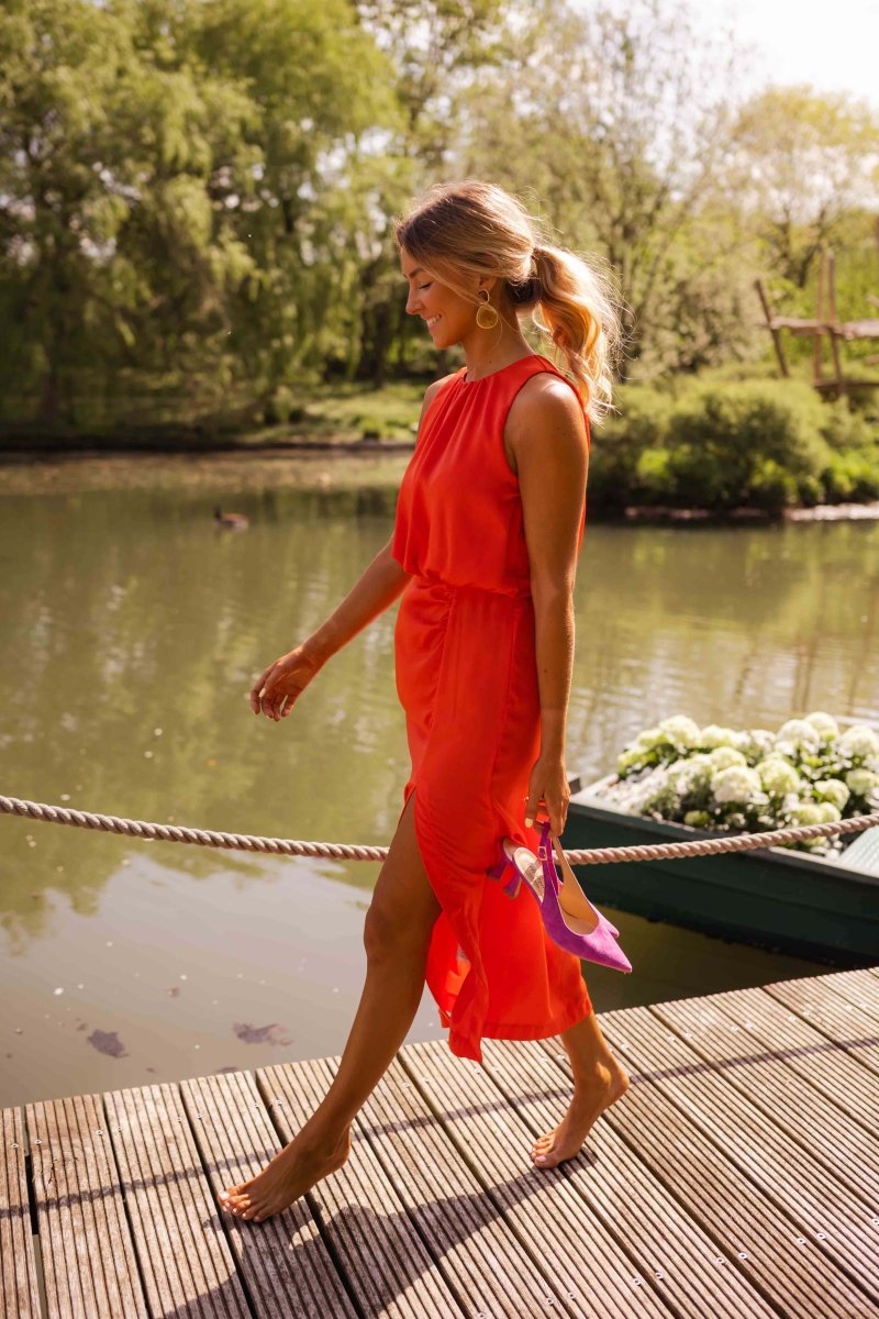 Women High Neck Sleeveless Midi Dress Side Slit Summer